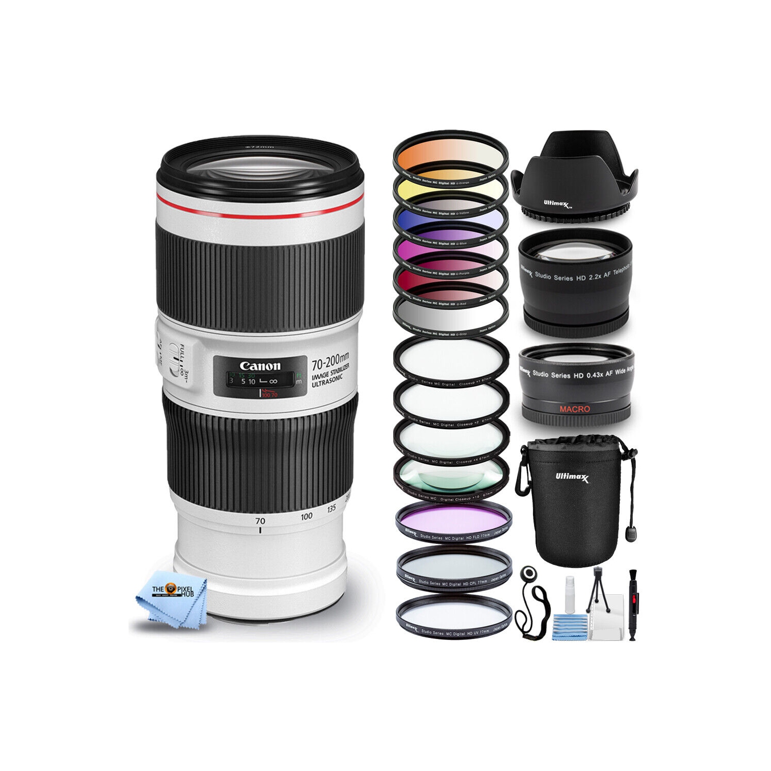 Canon EF 70-200mm f/4L IS II USM Lens + Macro/Close Up Lenses + Pouch Bundle
