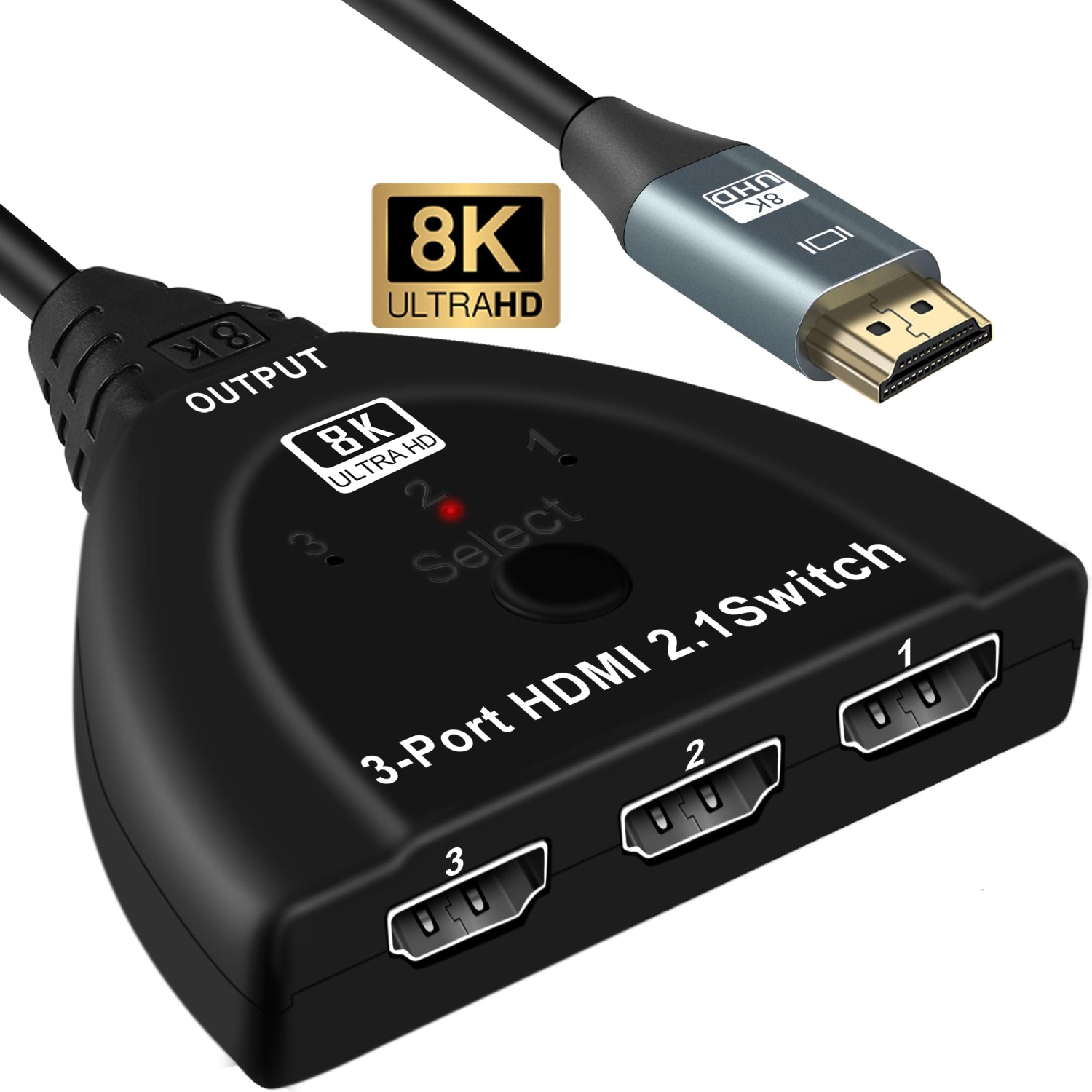 8K HDMI 2.1 Switch, HDMI Switch 4K 3 Port HDMI Switcher Selector Box with Pigtail Cable, Supports 8K@60Hz, 4K 48Gbps High Speed for PS4/5 Roku Xbox
