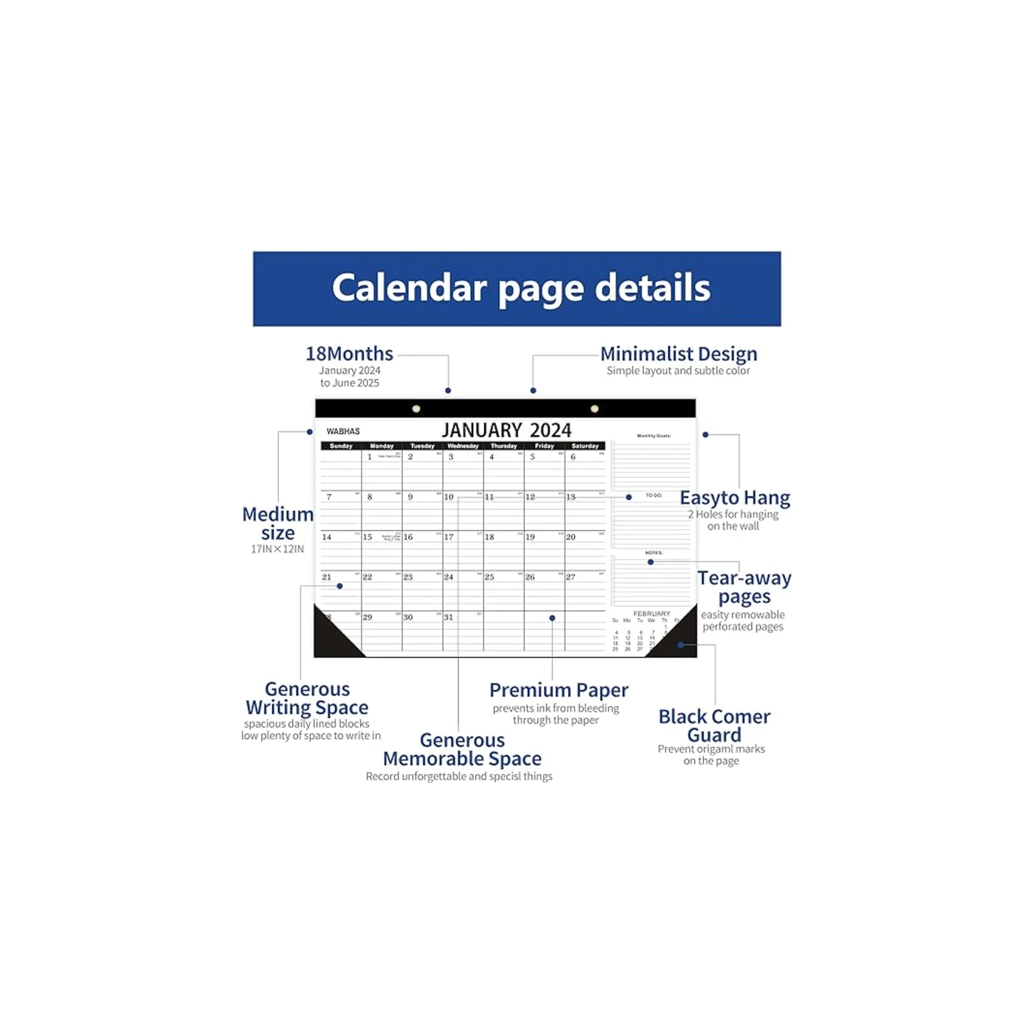 2024-2025 Grand calendrier de bureau – 18 mois, du 2024 janvier au 2025 juin – 17 x 12 po – avec liste de choses à faire, papier épais et protecteurs