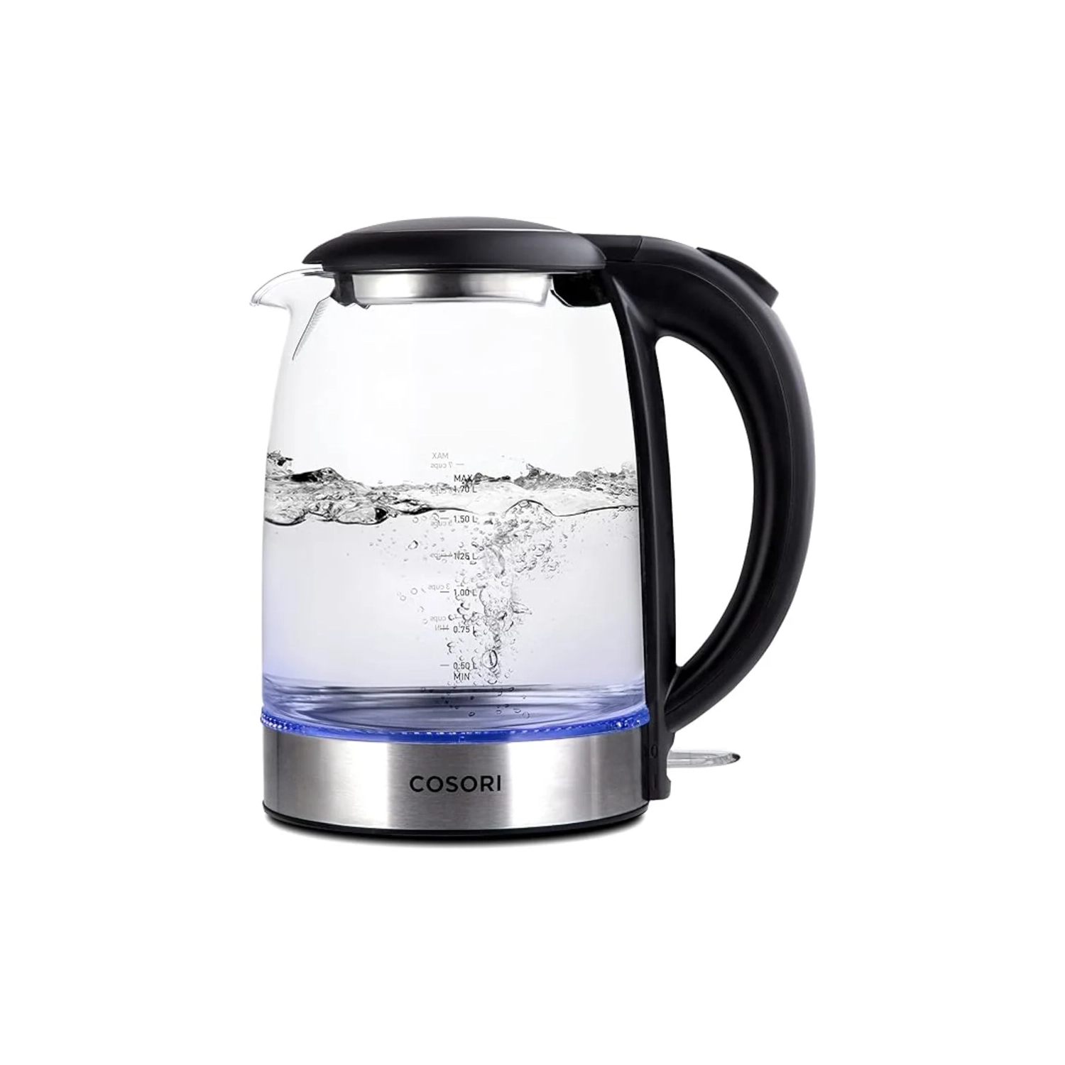 Efficient 1.7L Electric Kettle - 1500W, Wide Opening Glass Tea Kettle, Stainless Steel Filter, LED Indicator, Auto Shut-Off, Boil-Dry Protection, Cordless, BPA Free - Stylish Black