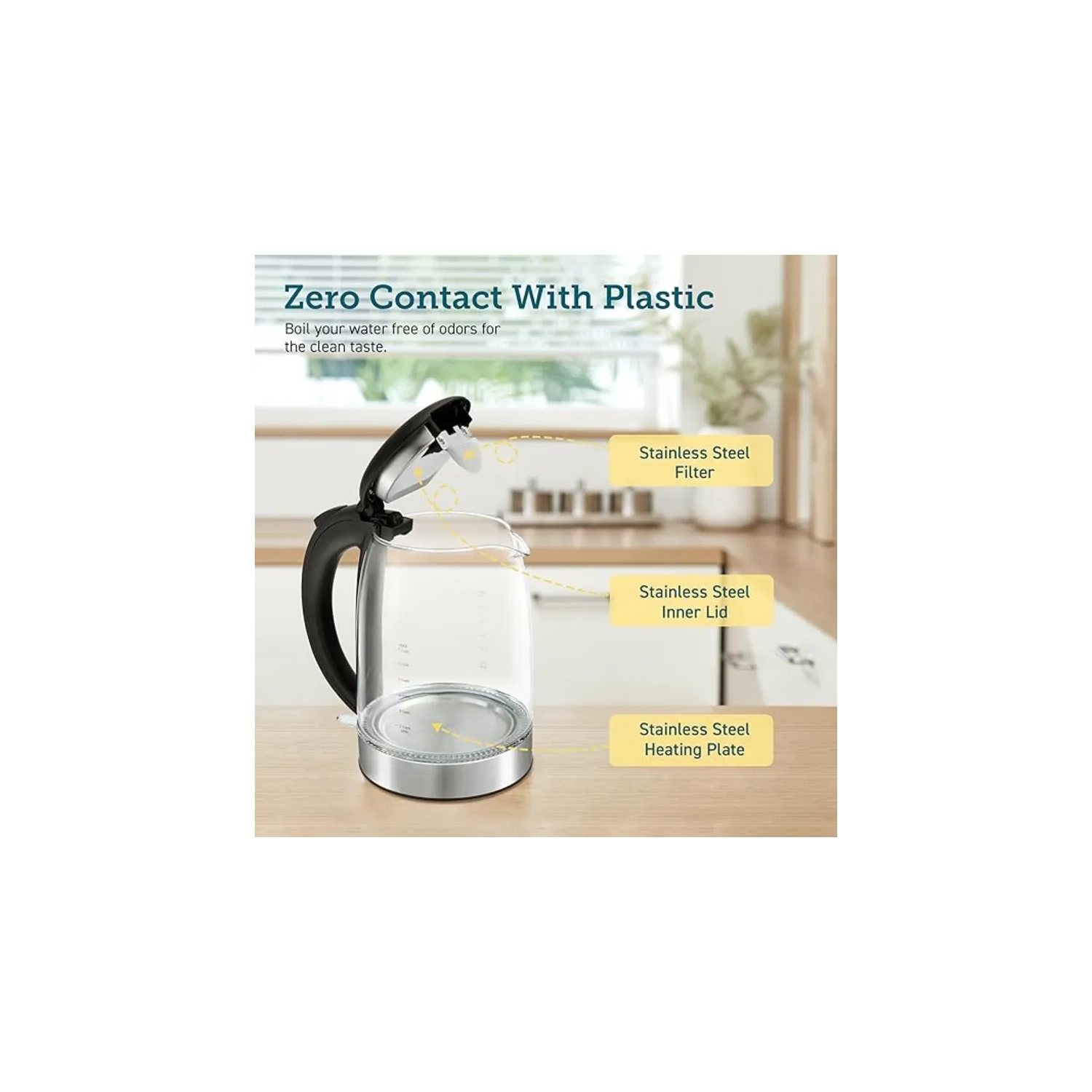 Efficient 1.7L Electric Kettle - 1500W, Wide Opening Glass Tea Kettle, Stainless Steel Filter, LED Indicator, Auto Shut-Off, Boil-Dry Protection,