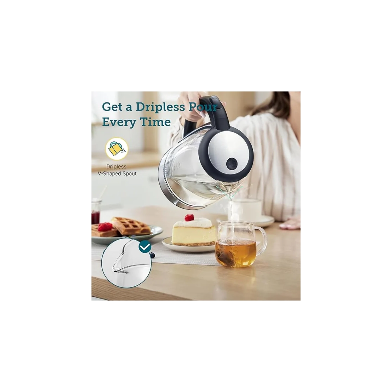 Efficient 1.7L Electric Kettle - 1500W, Wide Opening Glass Tea Kettle, Stainless Steel Filter, LED Indicator, Auto Shut-Off, Boil-Dry Protection,