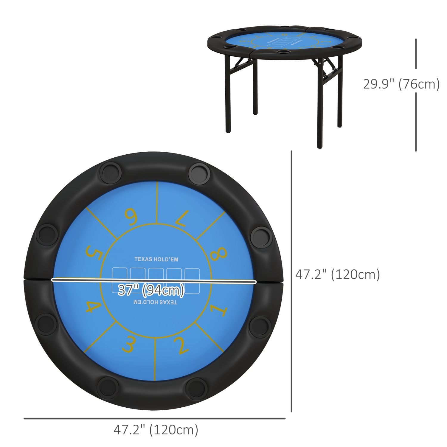 Table de poker pliable Soozier, table de jeu de poker ronde Blackjack Casino Texas Holdem de 47 po pour 8 joueurs avec porte-gobelets, bleu et noir
