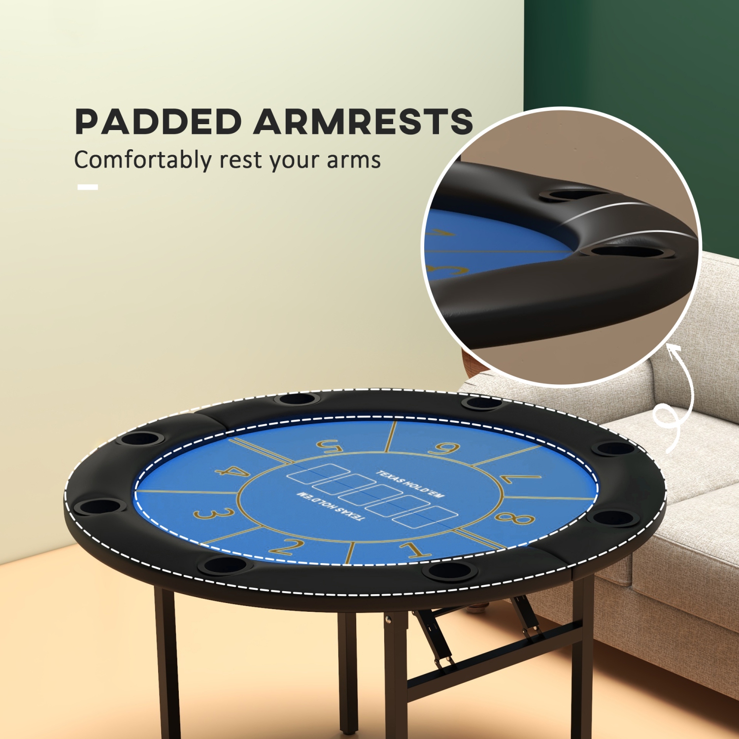 Table de poker pliable Soozier, table de jeu de poker ronde Blackjack Casino Texas Holdem de 47 po pour 8 joueurs avec porte-gobelets, bleu et noir