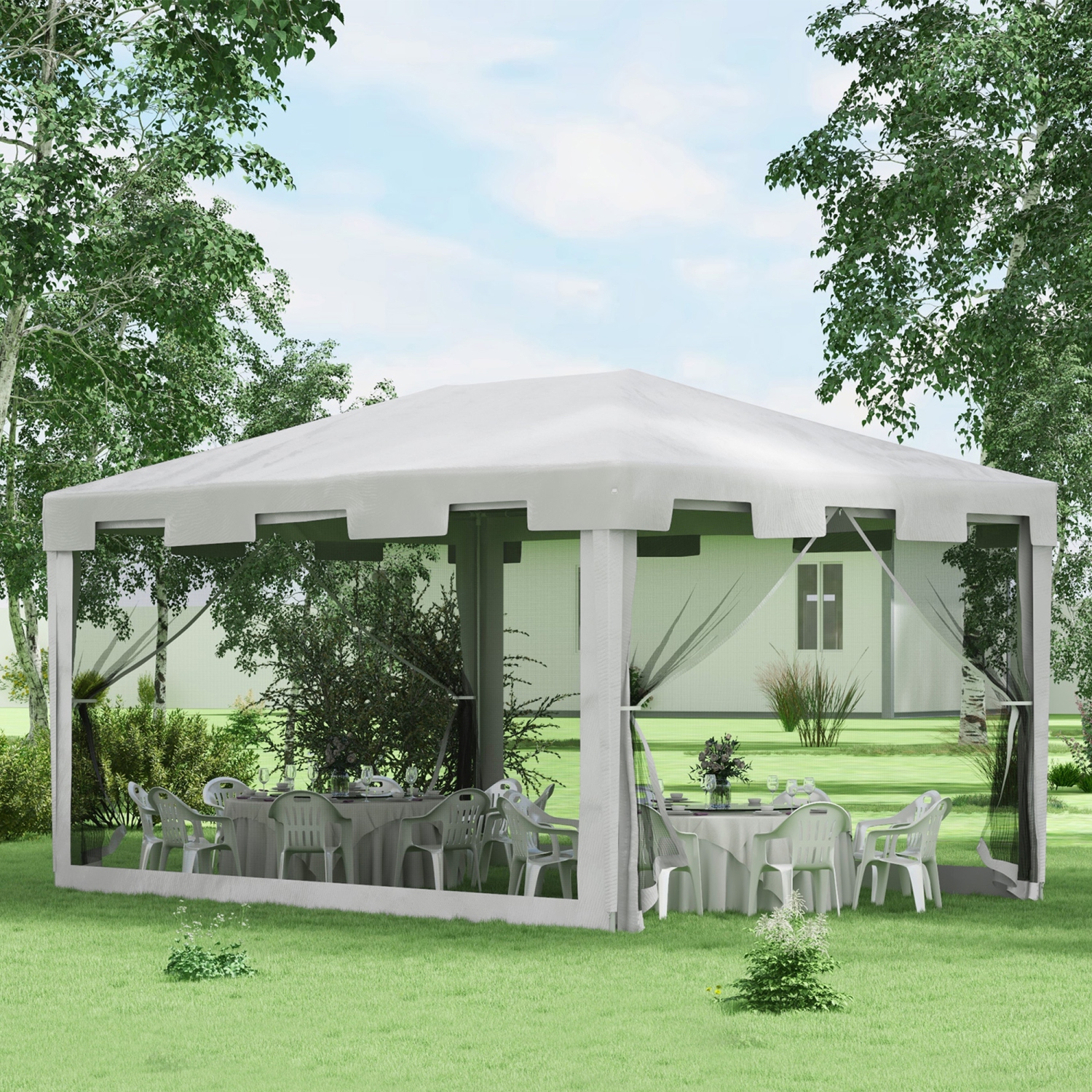 Abri de jardin extérieur Outsunny, 10 x 13&nbsp;pi, tente de jardin, tente de mariage Sun Shade avec parois latérales en filet et 2 portes, blanc