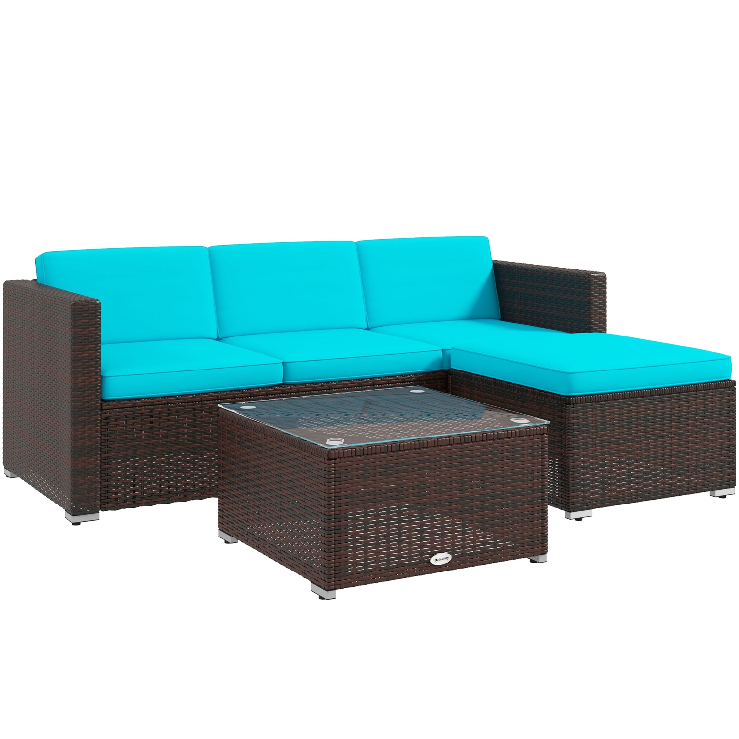 Ensemble de 3 meubles de patio Outsunny avec coussins, ensemble de patio en osier en polyéthylène avec table à surface en verre et pieds ajustables