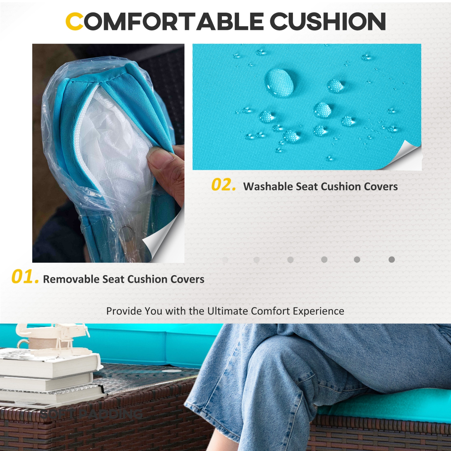 Ensemble de 3 meubles de patio Outsunny avec coussins, ensemble de patio en osier en polyéthylène avec table à surface en verre et pieds ajustables