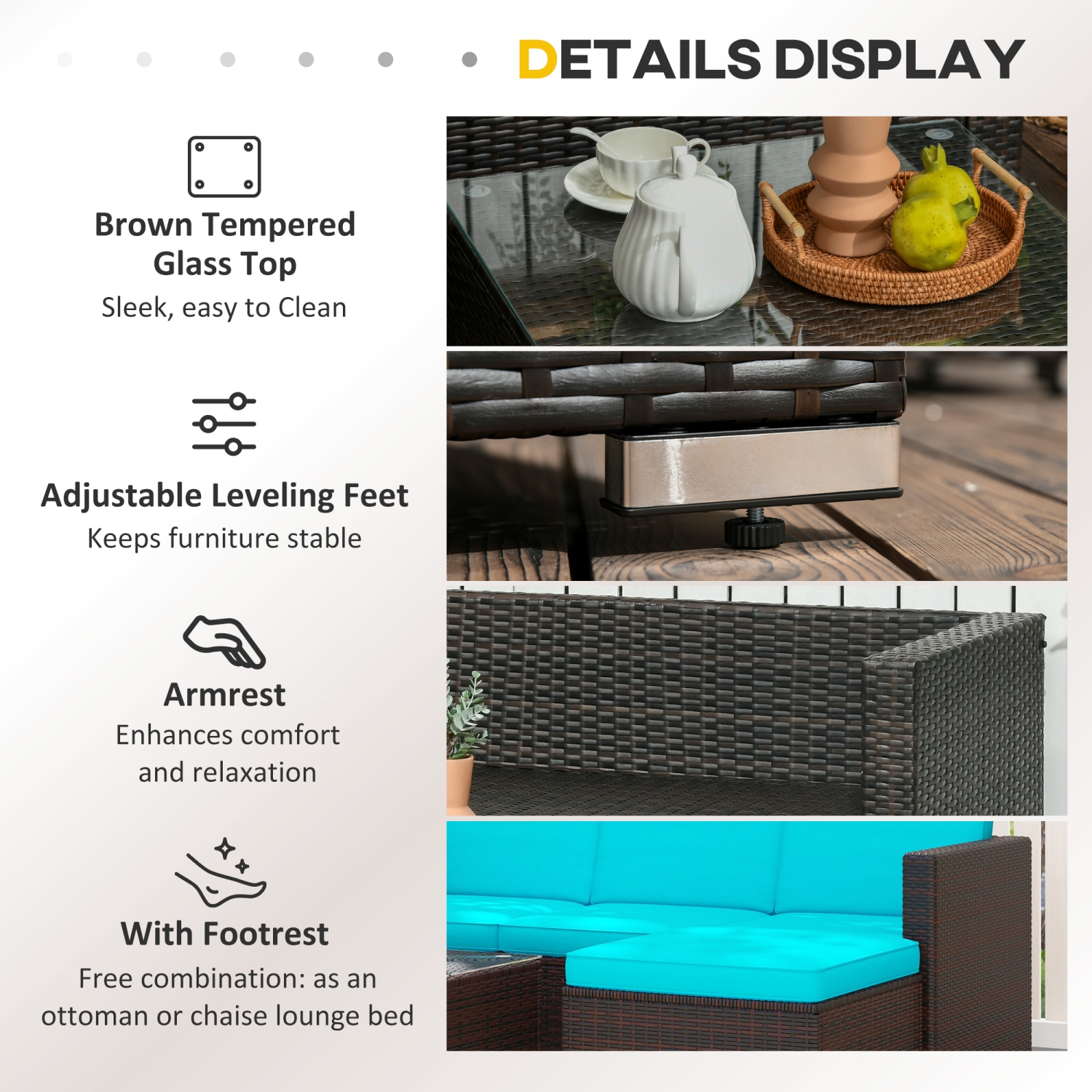 Ensemble de 3 meubles de patio Outsunny avec coussins, ensemble de patio en osier en polyéthylène avec table à surface en verre et pieds ajustables