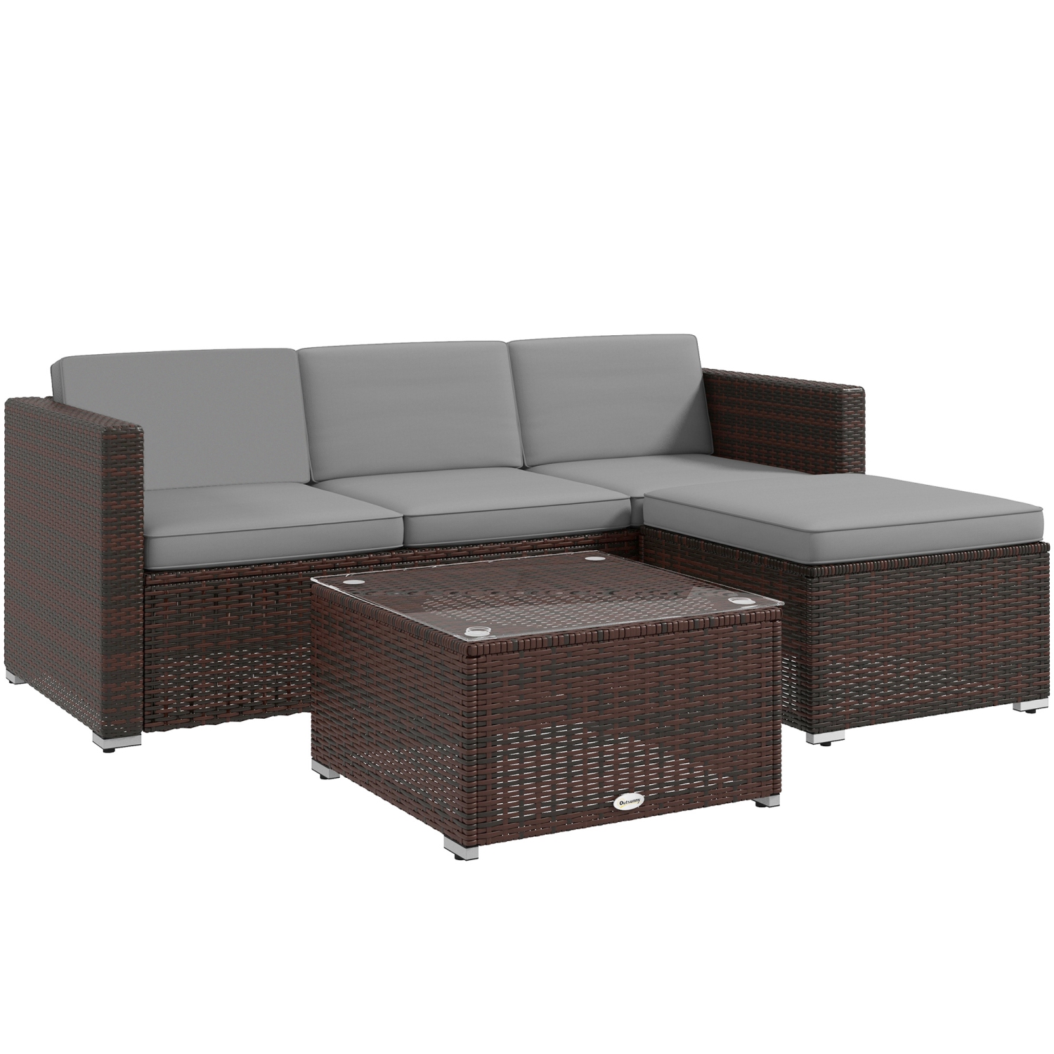 Ensemble de 3 meubles de patio Outsunny avec coussins, ensemble de patio en osier en polyéthylène avec table à surface en verre et pieds réglables