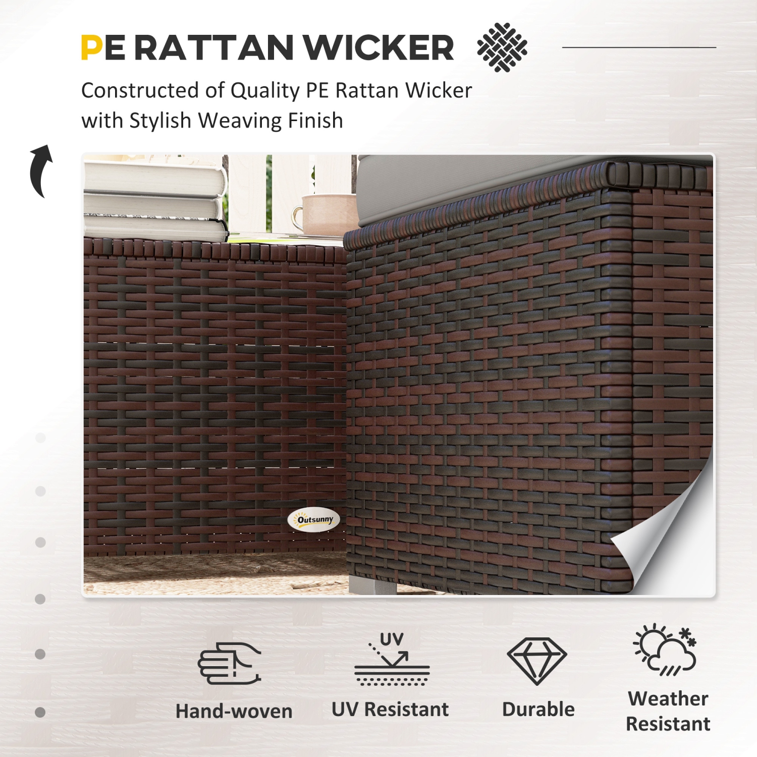 Ensemble de 3 meubles de patio Outsunny avec coussins, ensemble de patio en osier en polyéthylène avec table à surface en verre et pieds réglables
