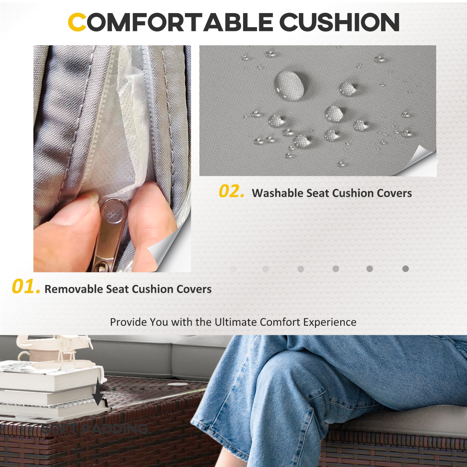 Ensemble de 3 meubles de patio Outsunny avec coussins, ensemble de patio en osier en polyéthylène avec table à surface en verre et pieds réglables