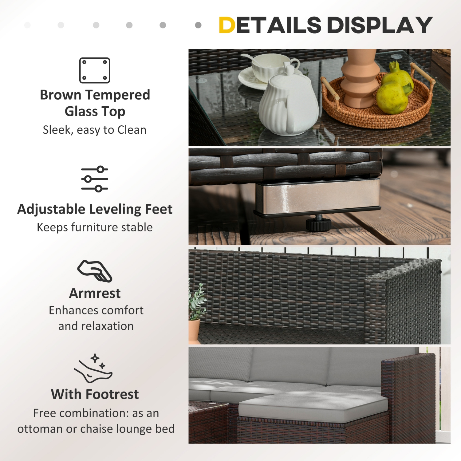 Ensemble de 3 meubles de patio Outsunny avec coussins, ensemble de patio en osier en polyéthylène avec table à surface en verre et pieds réglables