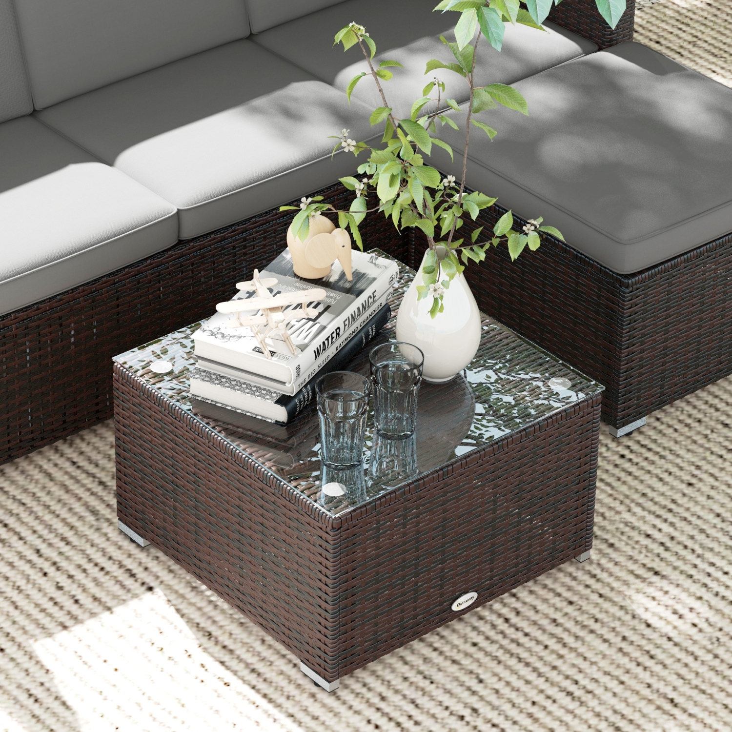 Ensemble de 3 meubles de patio Outsunny avec coussins, ensemble de patio en osier en polyéthylène avec table à surface en verre et pieds réglables