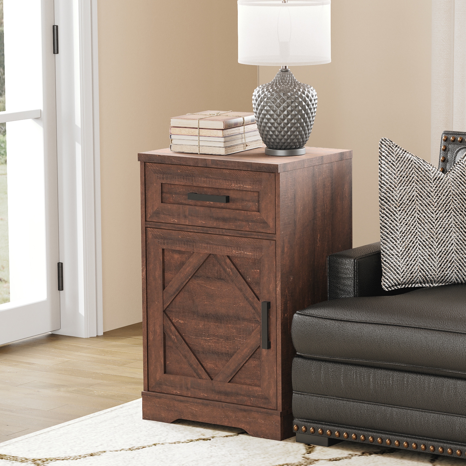 Table d'extrémité WAMPAT avec 1 tiroir et porte, grande table d'appoint champêtre, grande table de chevet moderne avec tablette de rangement