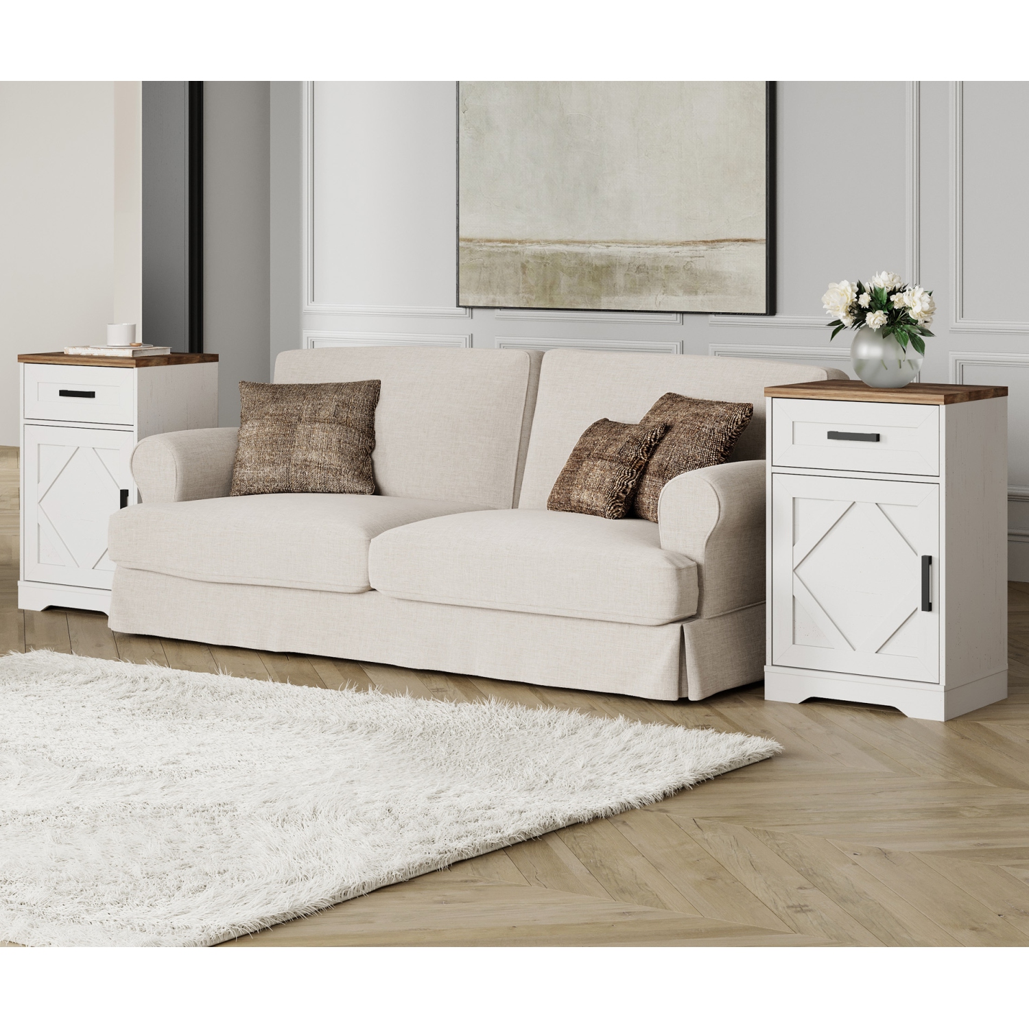 WAMPAT 2 Pack End Table with 1 Drawer & Door, Farmhouse Large Sofa Side Table, Modern Tall Nightstand with Adjustable Storage Shelf, Accent Cabinet