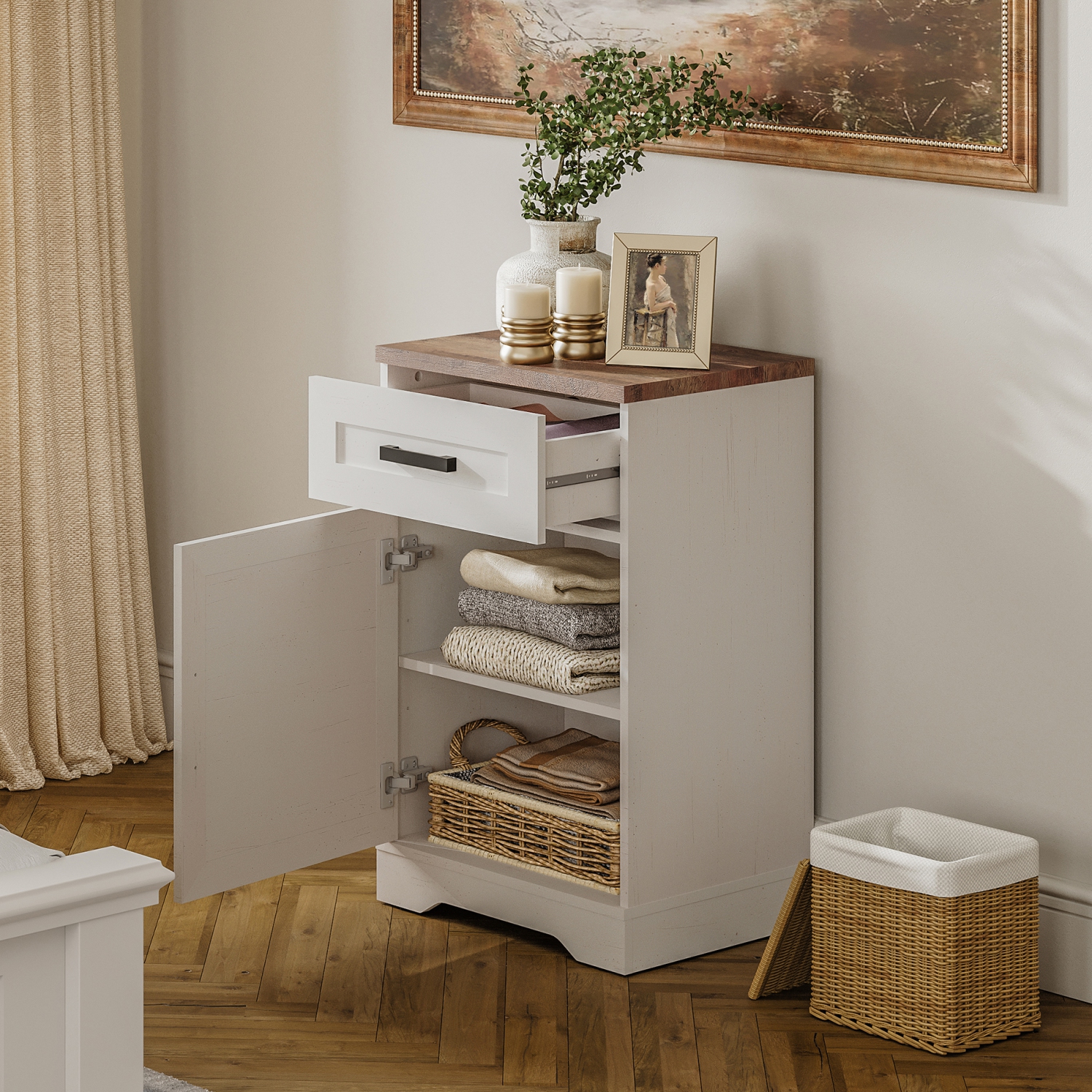 WAMPAT 2 Pack End Table with 1 Drawer & Door, Farmhouse Large Sofa Side Table, Modern Tall Nightstand with Adjustable Storage Shelf, Accent Cabinet