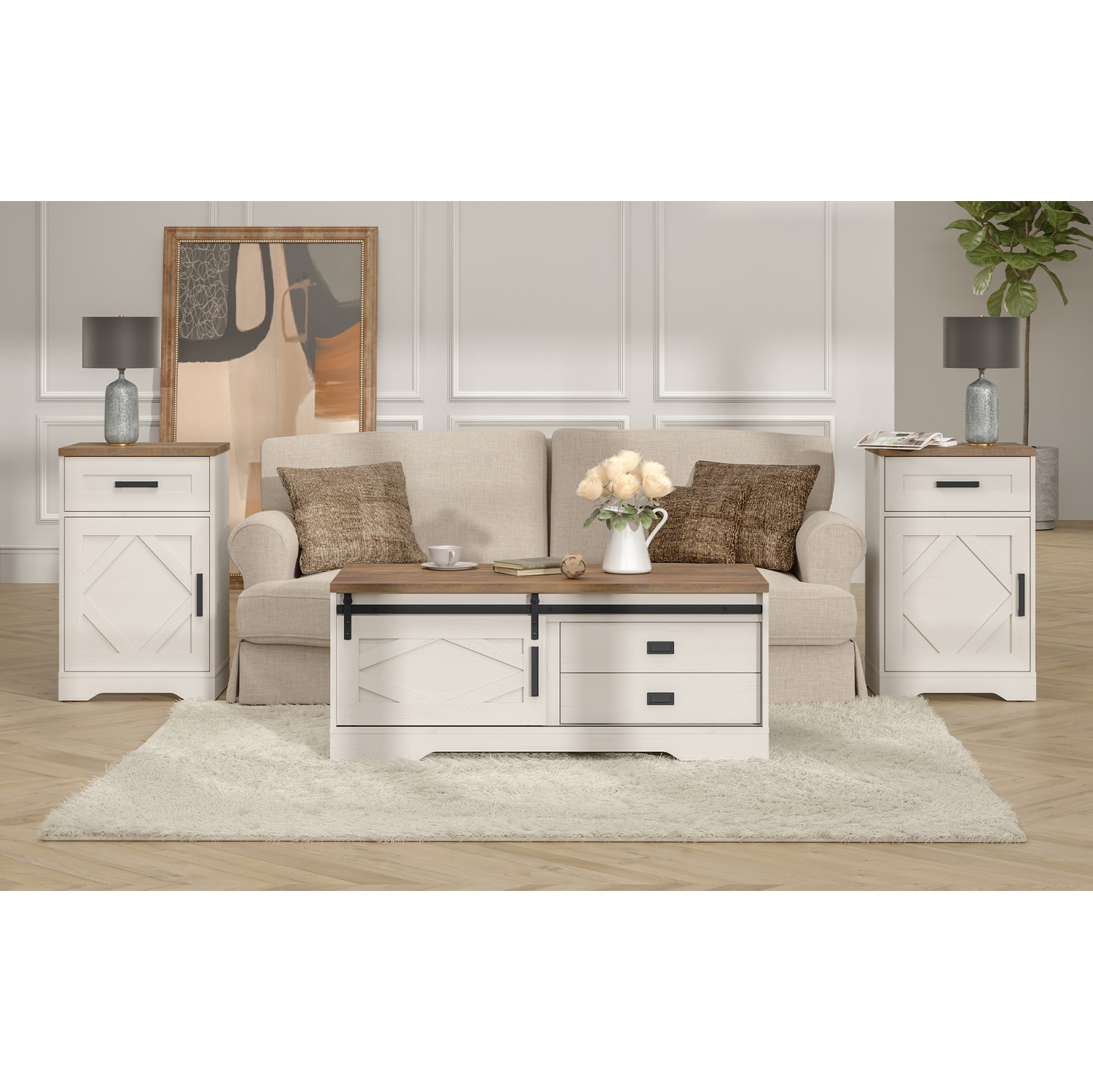 WAMPAT 2 Pack End Table with 1 Drawer & Door, Farmhouse Large Sofa Side Table, Modern Tall Nightstand with Adjustable Storage Shelf, Accent Cabinet