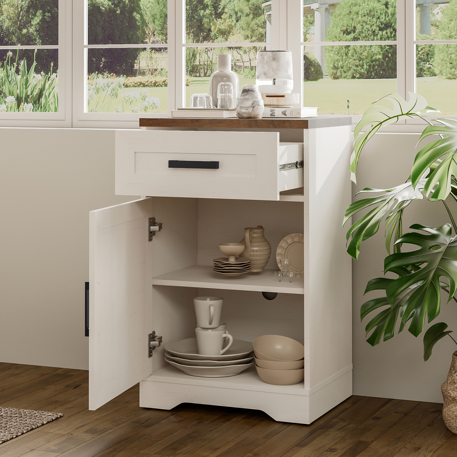 WAMPAT 2 Pack End Table with 1 Drawer & Door, Farmhouse Large Sofa Side Table, Modern Tall Nightstand with Adjustable Storage Shelf, Accent Cabinet