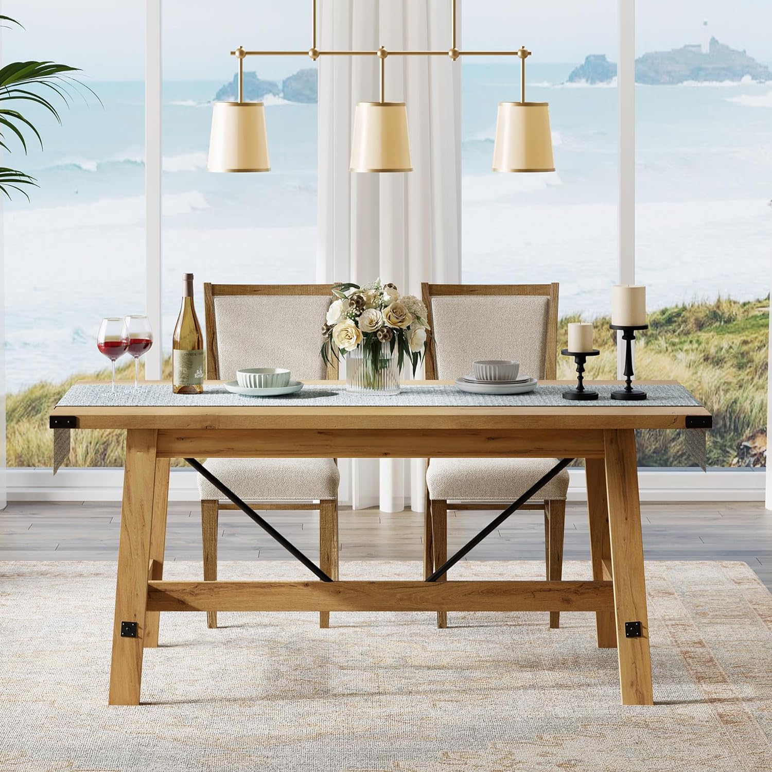 WAMPAT – Table de salle à manger champêtre pour 6&nbsp;personnes, table de cuisine rectangulaire moderne en bois de 67,7 po avec décoration en métal