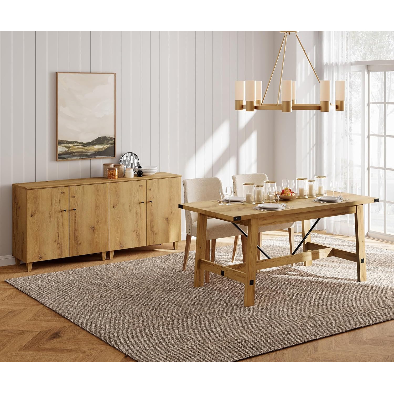 WAMPAT – Table de salle à manger champêtre pour 6&nbsp;personnes, table de cuisine rectangulaire moderne en bois de 67,7 po avec décoration en métal