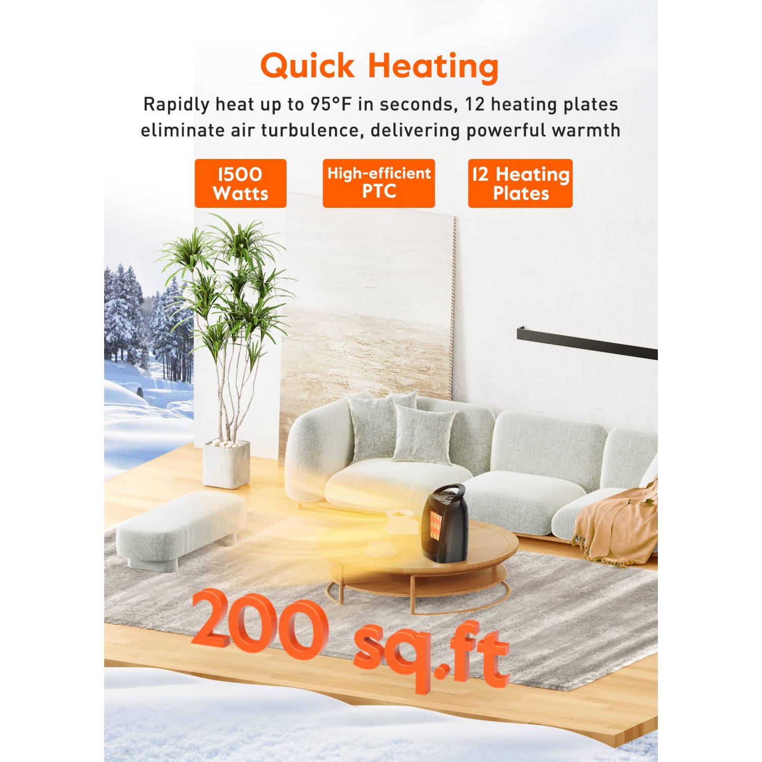 Portable Electric Space Heater with Thermostat, 1500W/750W Safe & Quiet Ceramic Heater Fan, Heat Up 200 sq. Ft for Office Room Desk Indoor Use