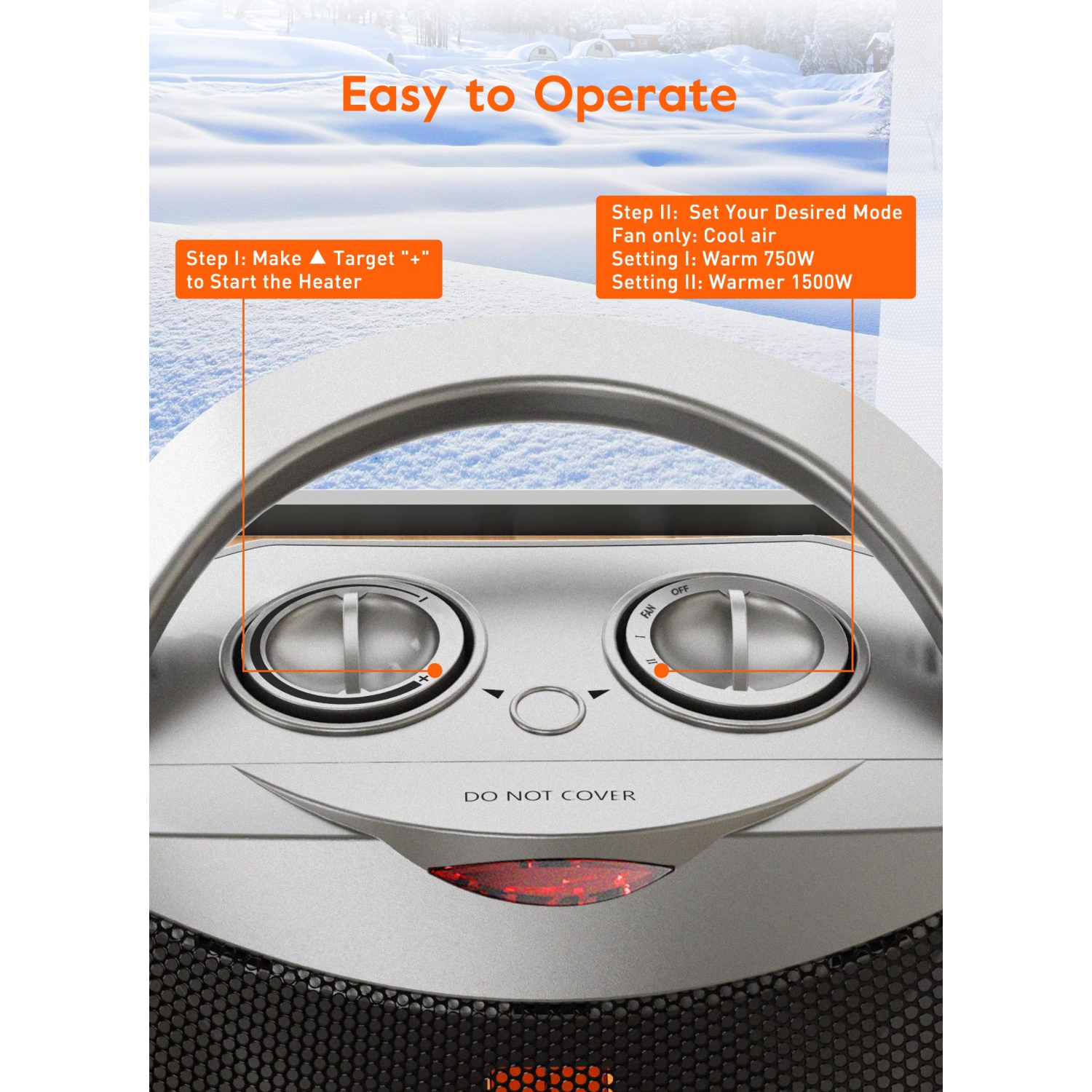 Chaufferette électrique portative avec thermostat, ventilateur en céramique sécuritaire et silencieux 1500 W/750 W, chauffage jusqu'à 200