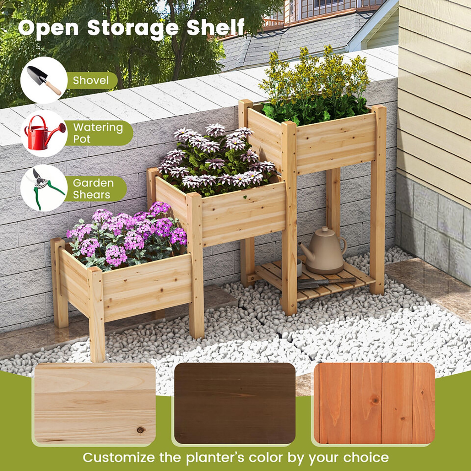 Gymax 3-Tier Wooden Garden Bed Elevated Planter w/ 3 Planter Boxes, Open Storage Shelf