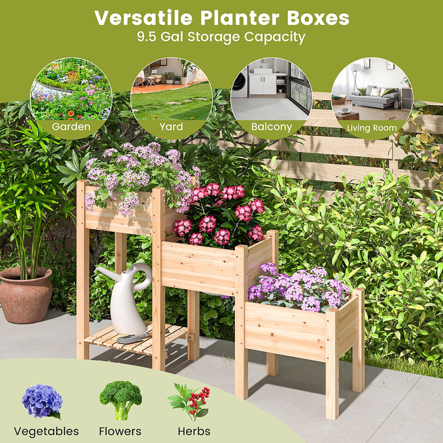 Gymax 3-Tier Wooden Garden Bed Elevated Planter w/ 3 Planter Boxes, Open Storage Shelf