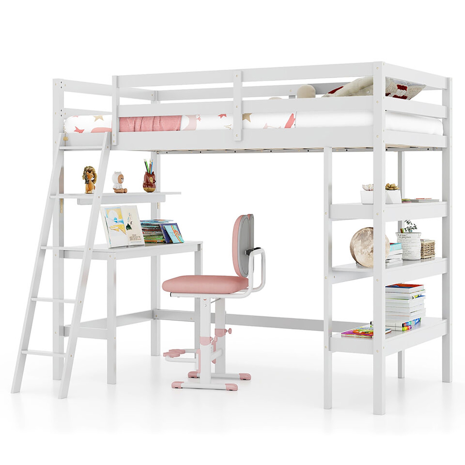 Gymax Twin Size Solid Wood Loft Bed w/ Desk & Bookshelves Ladder & Guardrails