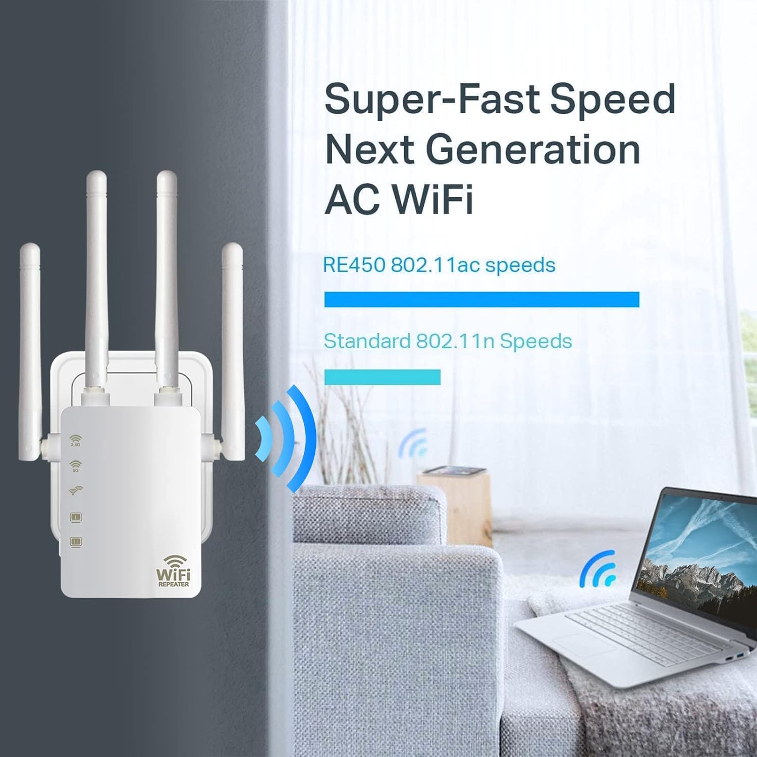 WiFi Range Extender 1200Mbps Dual Band 5G&2.4GHz Wireless Signal Booster WiFi Repeater for Home with 2 of 10/100 Mbps Ethernet ports