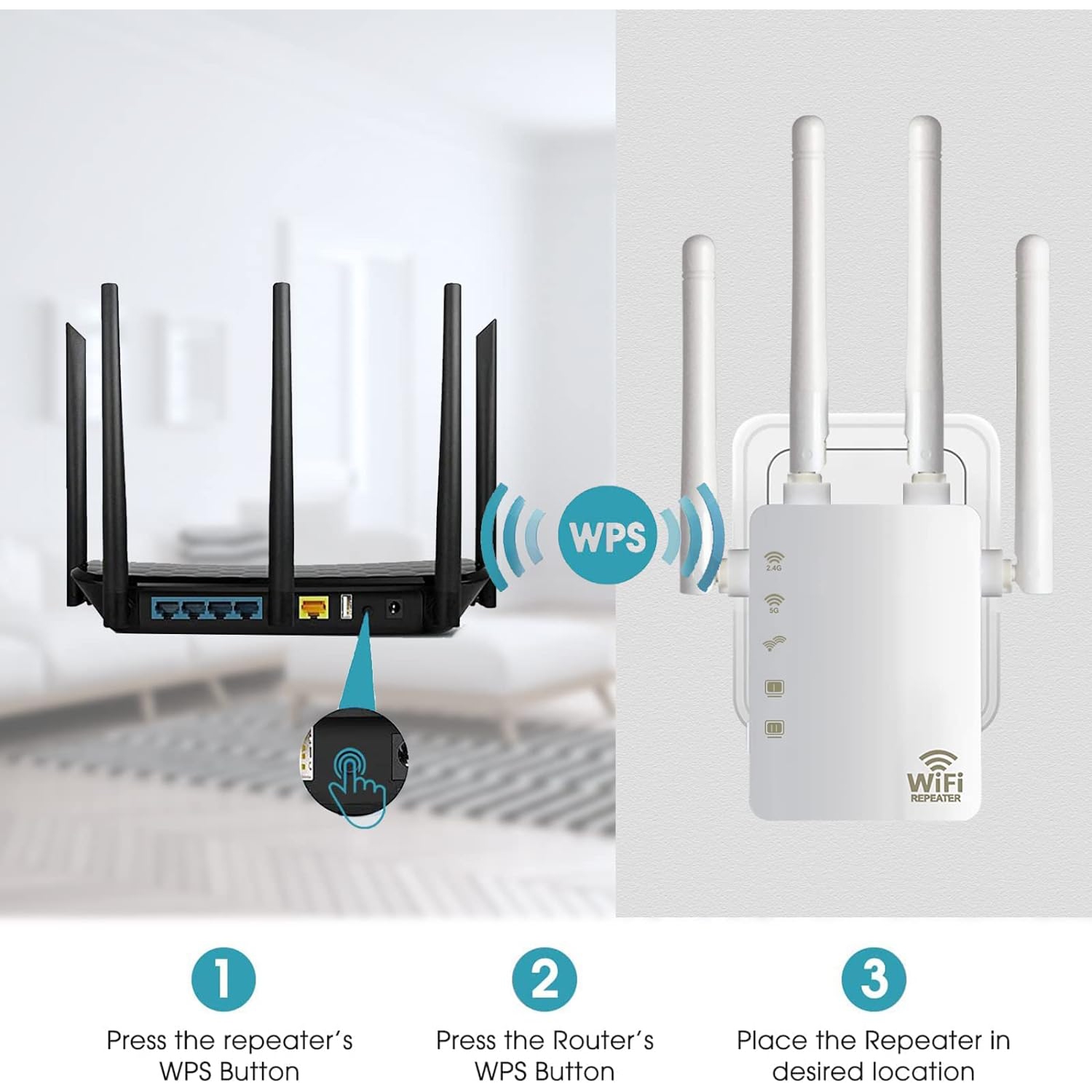 WiFi Range Extender 1200Mbps Dual Band 5G&2.4GHz Wireless Signal Booster WiFi Repeater for Home with 2 of 10/100 Mbps Ethernet ports