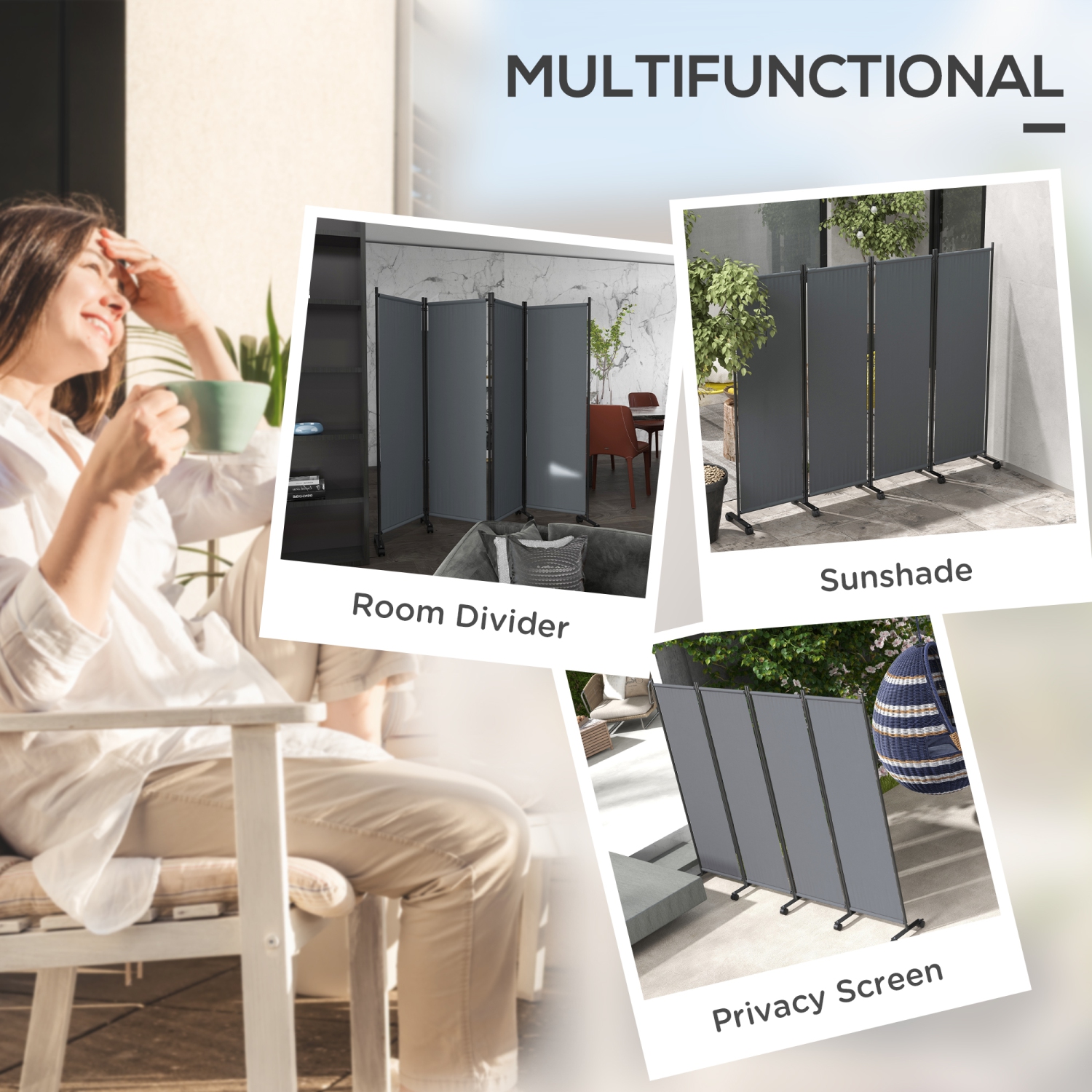 Outsunny 4 Panel Folding Room Divider with Lockable Wheels, 5.6ft Rolling Privacy Screen, Portable Freestanding Room Partition Separator for Home