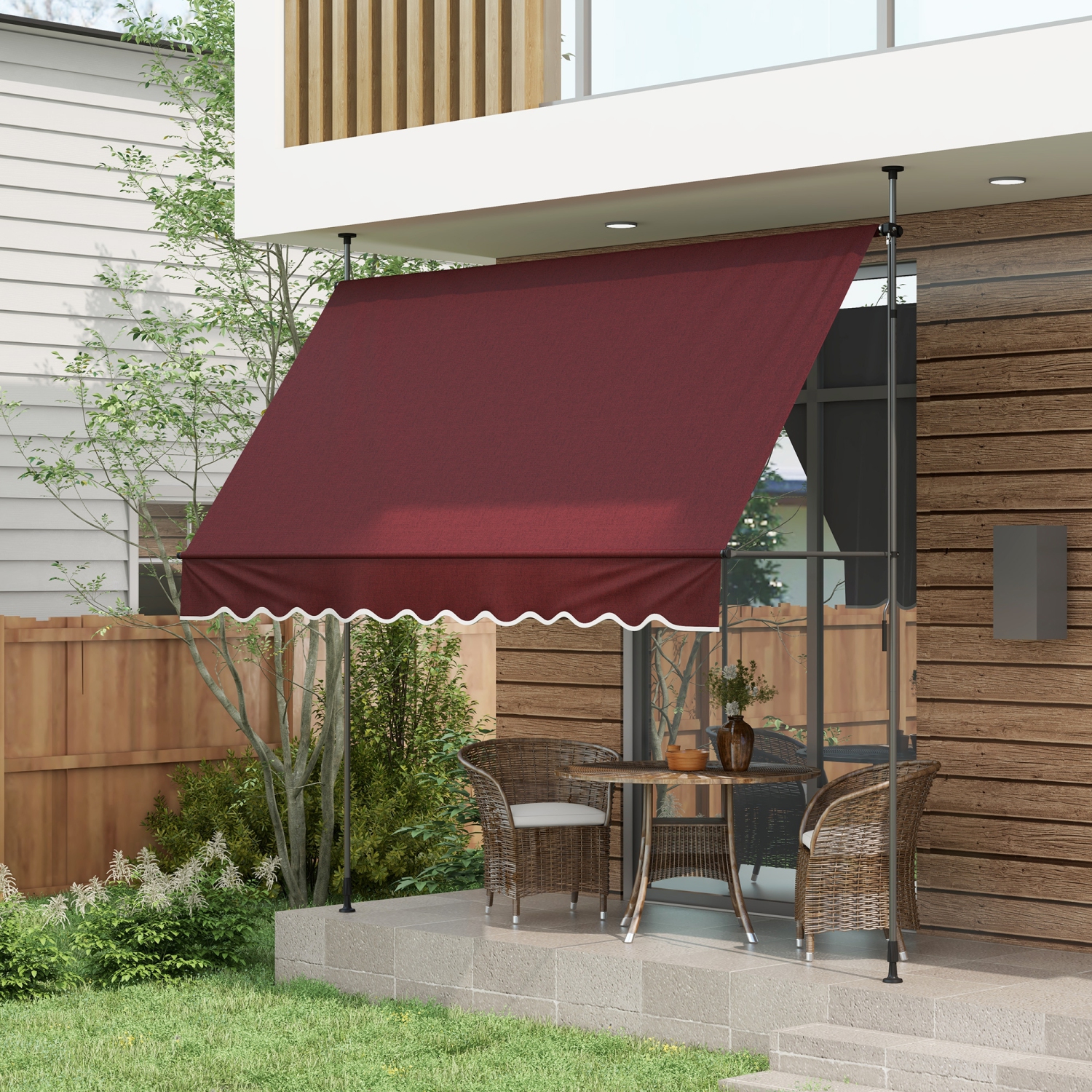 Outsunny 10' x 3' Manual Retractable Awning, Non-Screw Freestanding Patio Sun Shade Shelter with Support Pole Stand and UV-resistant fabric for