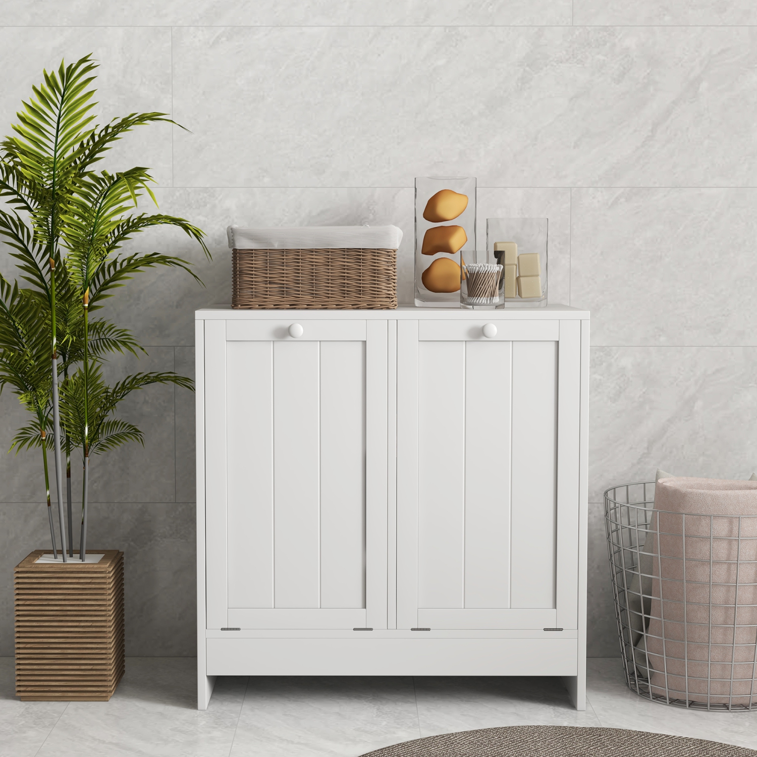 kleankin Laundry Cabinet, Bathroom Cabinet with 2 Tilt-Out Hampers, Modern Laundry Storage Cabinet for Washroom, White