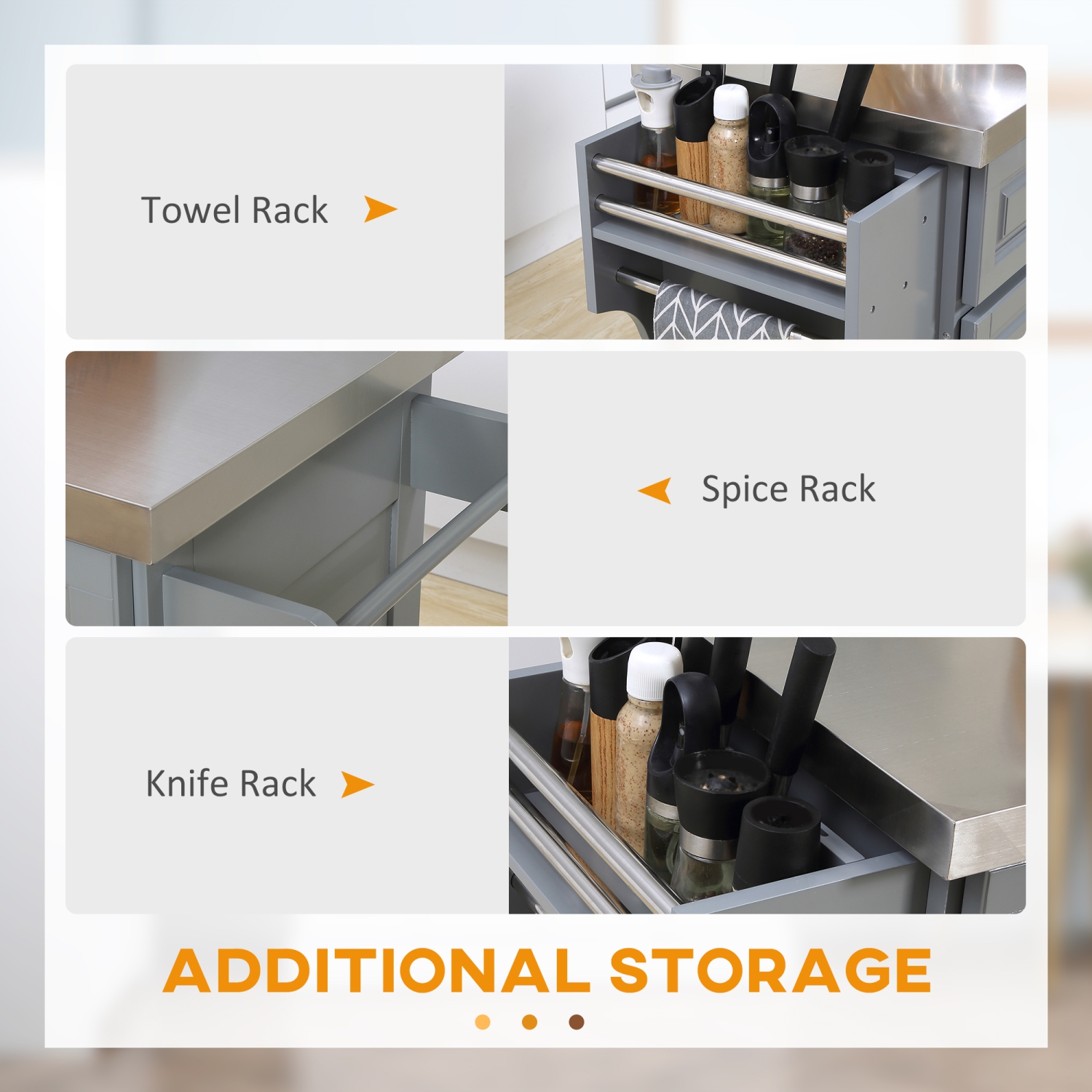 HOMCOM Kitchen Island with Storage, Rolling Kitchen Cart on Wheels with Stainless Steel Top, 2 Drawers, 2 Cabinets, Spice Rack, Knife and Towel Rack,