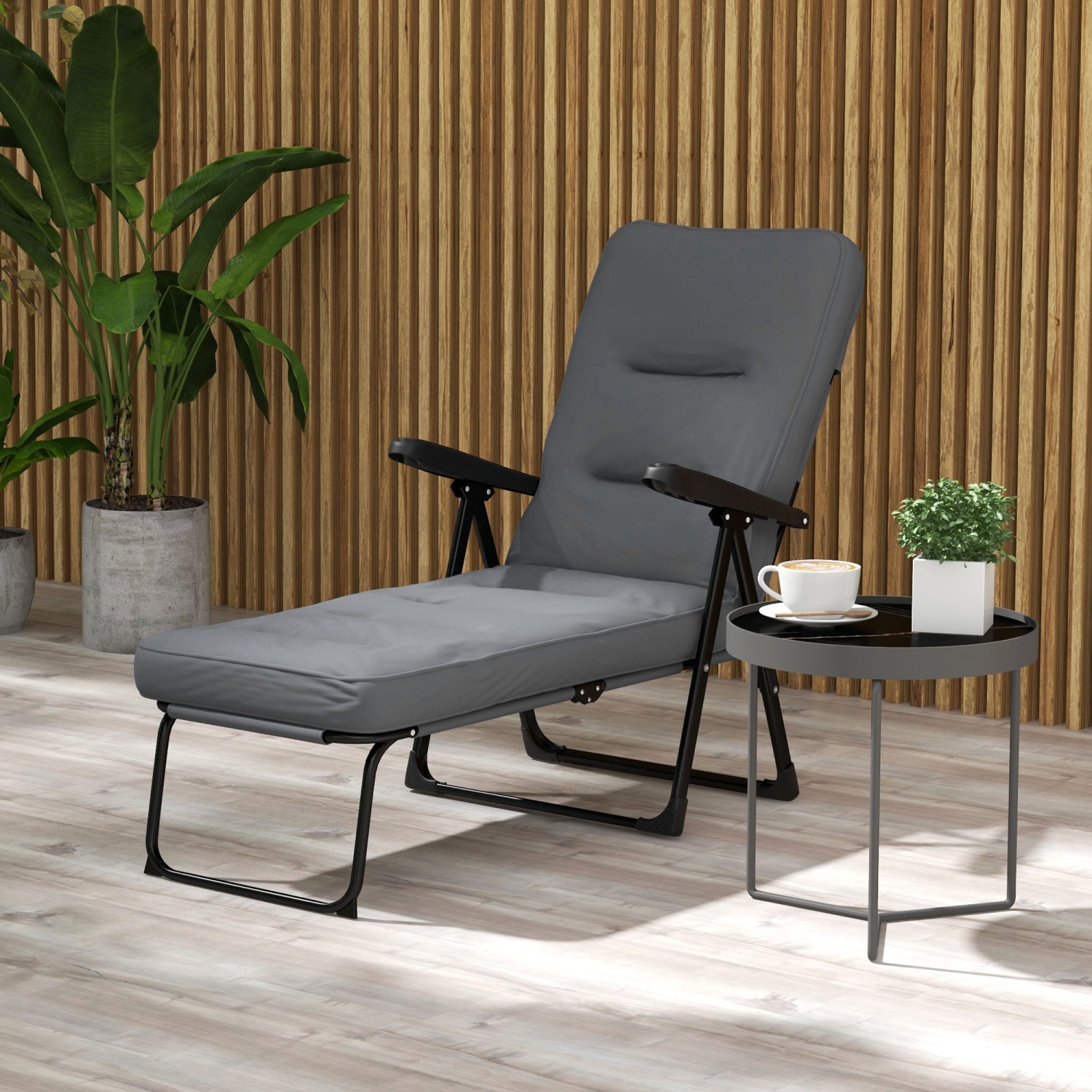 Outsunny Outdoor Lounge Chair with Padded Cushion, Folding Reclining Patio Garden Chair with Recline Back, Footrest, for Poolside, Patio, Light Grey