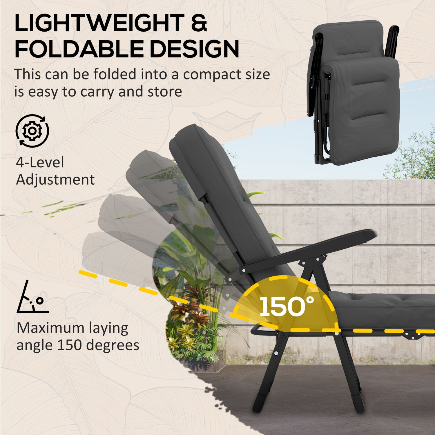 Outsunny Outdoor Lounge Chair with Padded Cushion, Folding Reclining Patio Garden Chair with Recline Back, Footrest, for Poolside, Patio, Light Grey