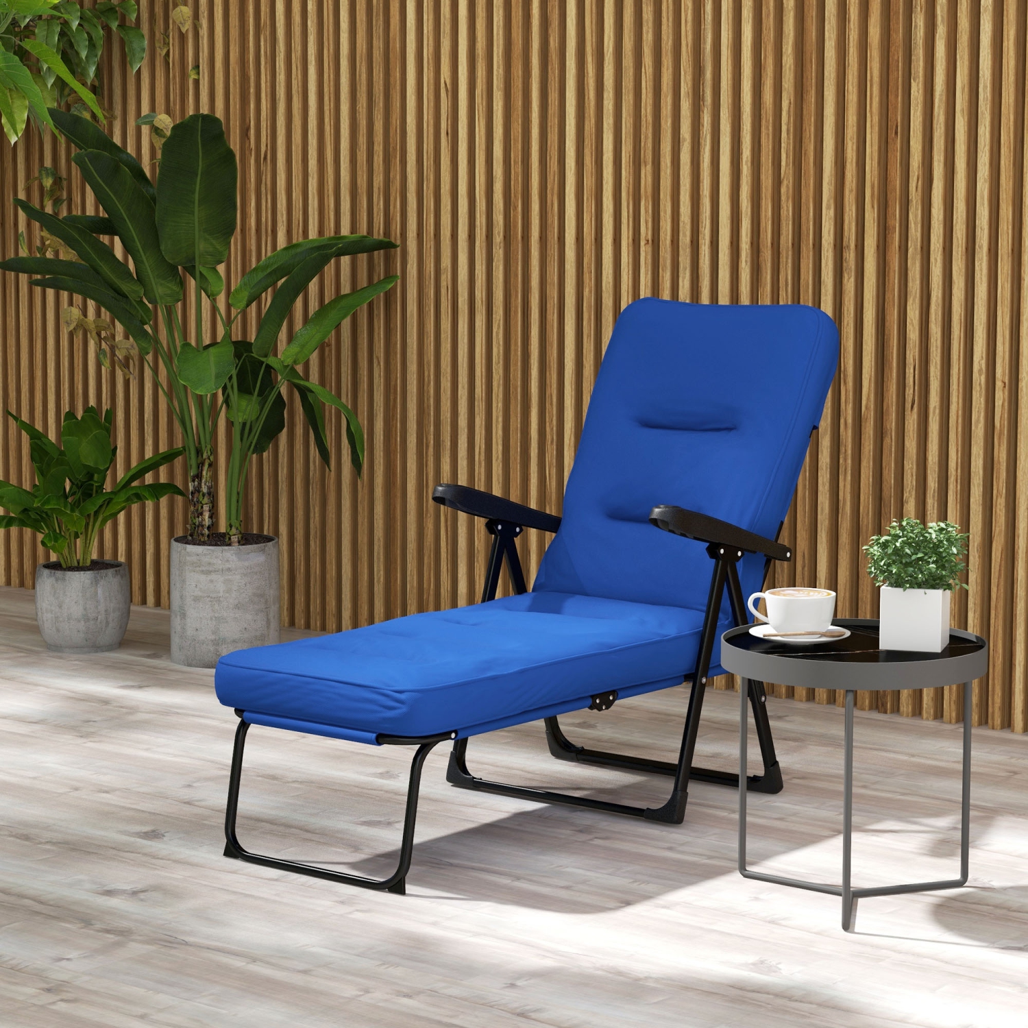Outsunny Outdoor Lounge Chair with Padded Cushion, Folding Reclining Patio Garden Chair with Recline Back, Footrest, for Poolside, Patio, Blue