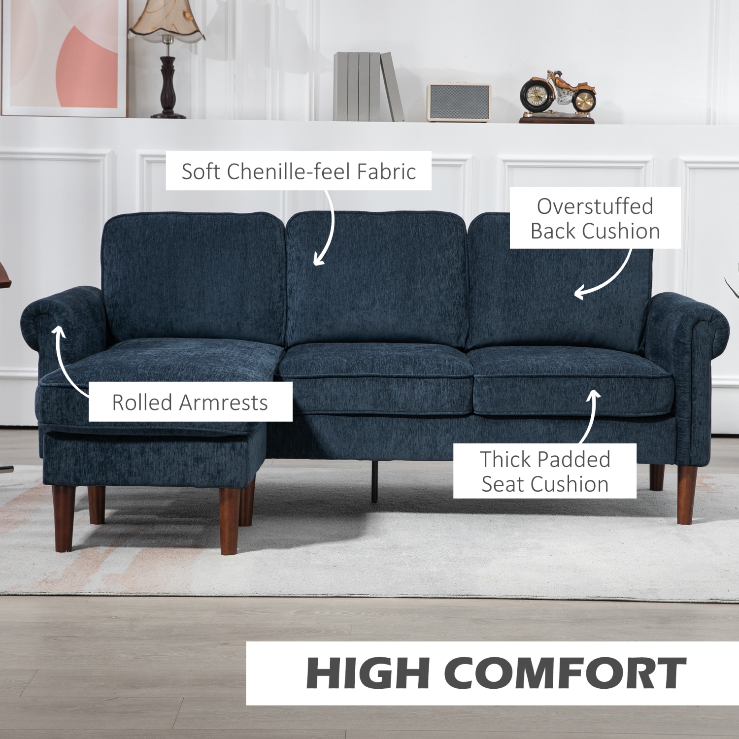 HOMCOM Sectional Sofa with Changeable Chaise Lounge, 3-Seater Chenille Upholstery Couch with Wooden Legs, Modern L Shape Corner Sofa for Living Room,