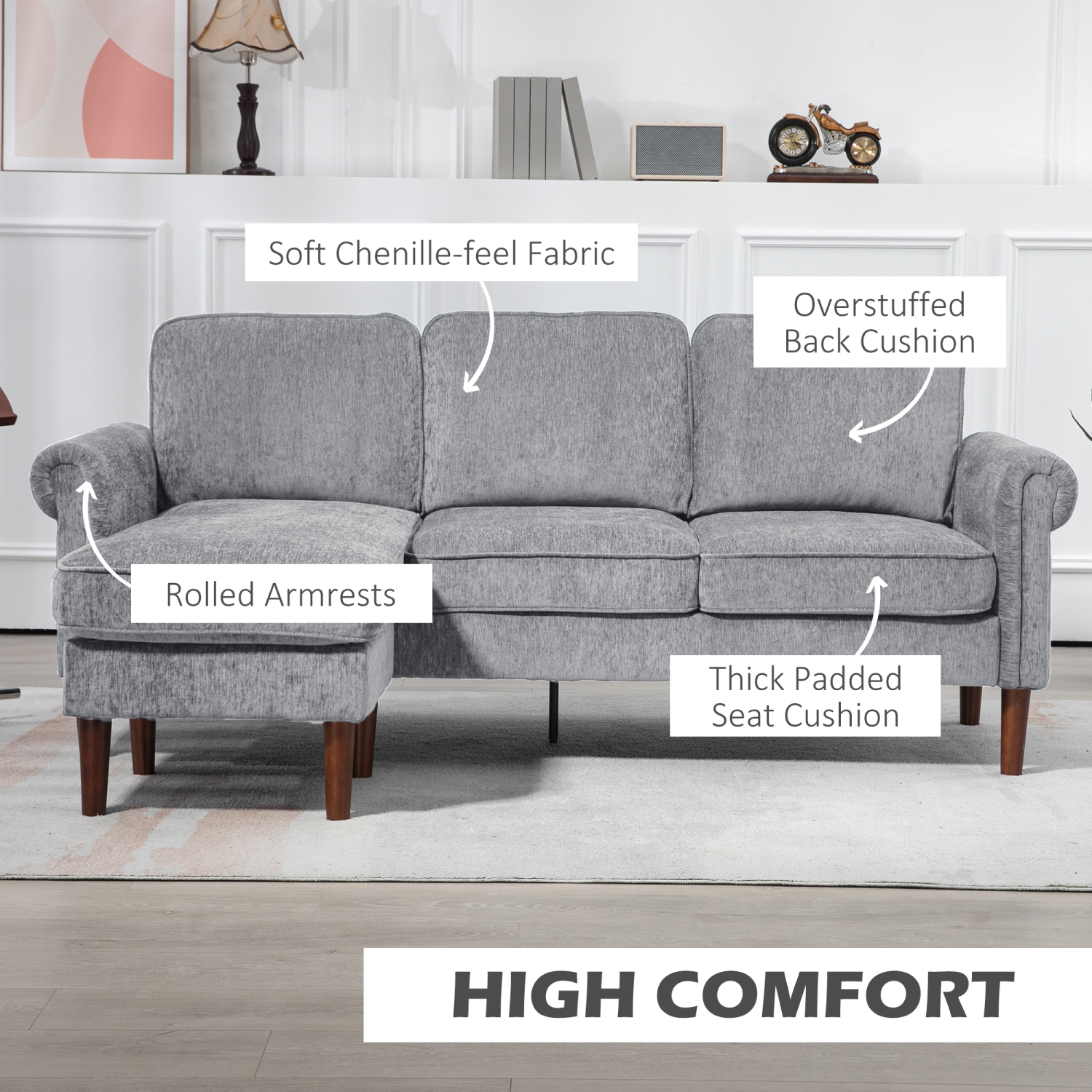 HOMCOM Sectional Sofa with Changeable Chaise Lounge, 3-Seater Chenille Upholstery Couch with Wooden Legs, Modern L Shape Corner Sofa for Living Room,