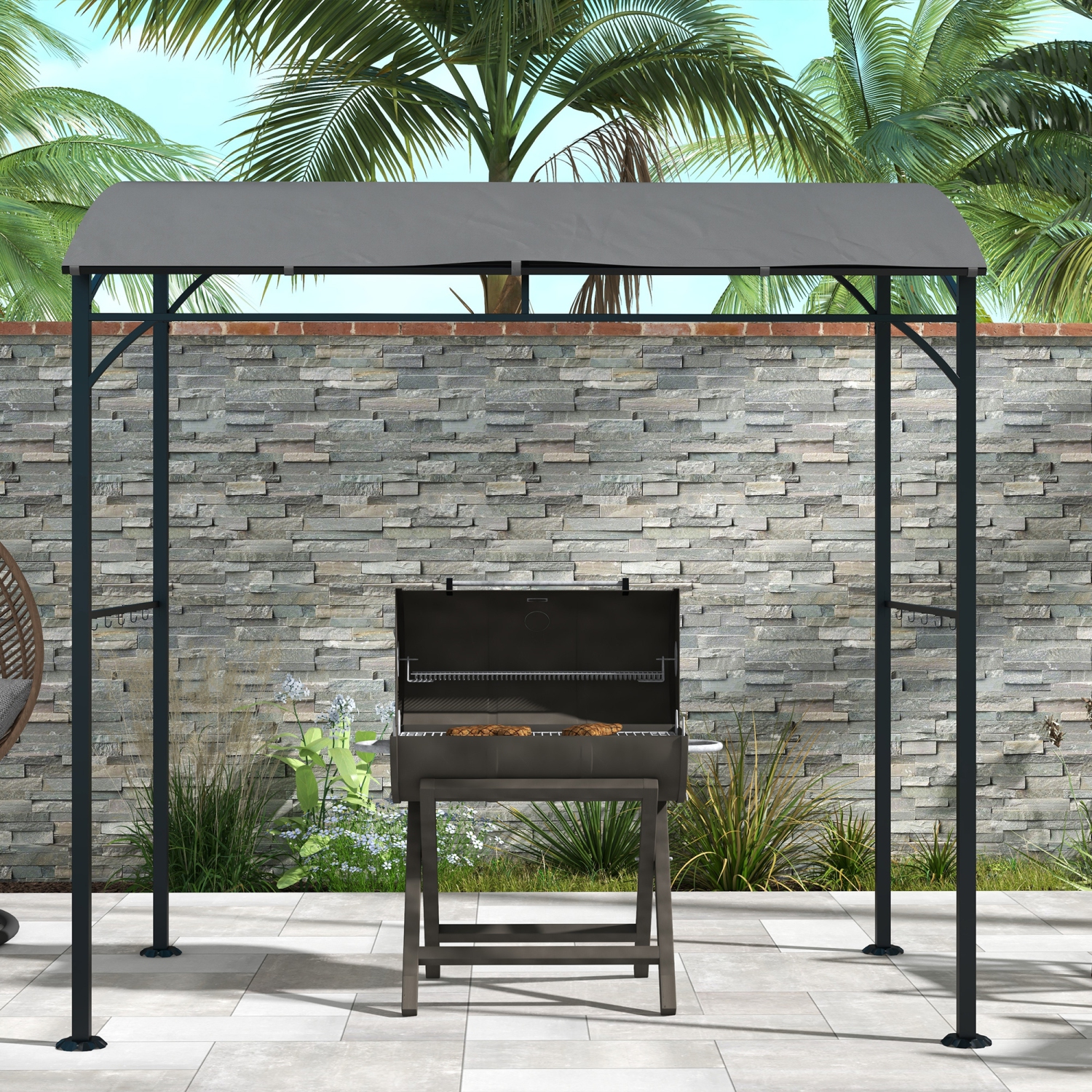 Outsunny 7' x 5' BBQ Grill Gazebo Tent, Garden Grill Canopy with Steel Frame and Hooks, Outdoor Sun Shade, Charcoal Grey