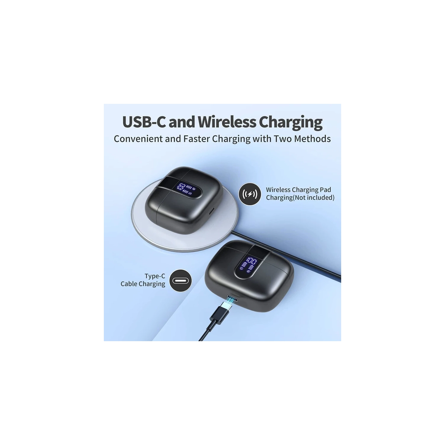 Bluetooth Headphones with 60H Playback, True Wireless Earbuds, LED Power Display, Wireless Charging Case, IPX5 Waterproof, In-Ear Earbuds with Mic -