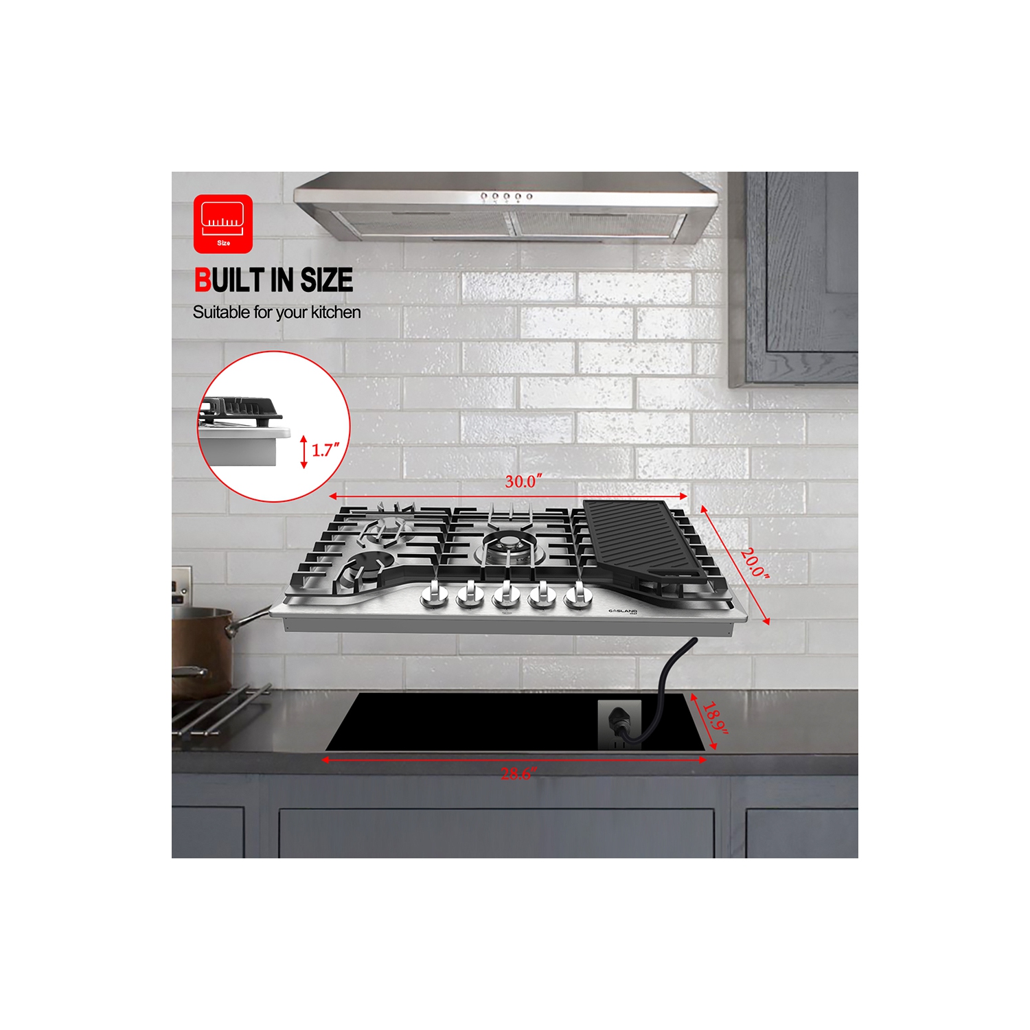 GASLAND 30" 5 Burners NG/LPG Convertible Gas Cooktop, Max 13,000 BTU Burner- Stainless Steels