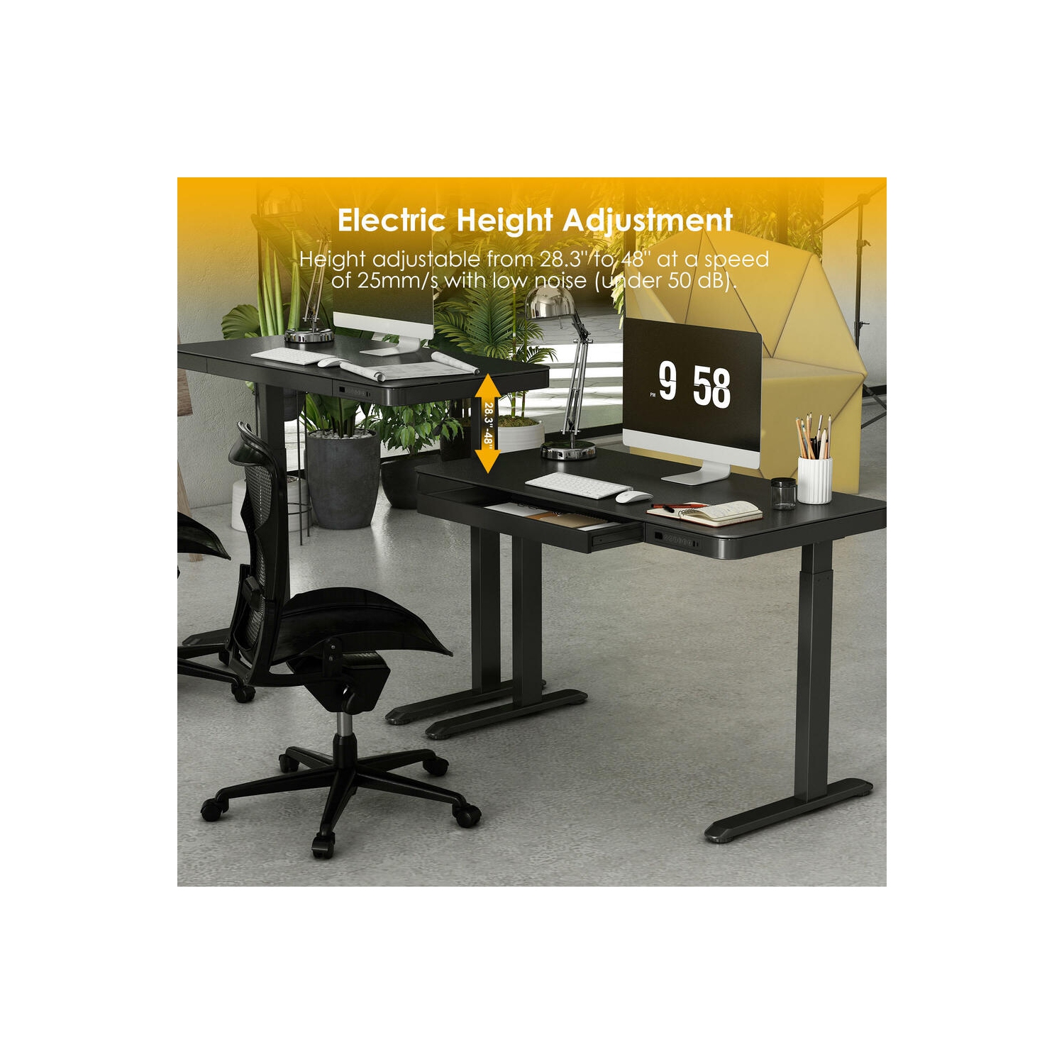 47x24inches Electric Standing Desk, Height Adjustable Sit Stand Computer Desk with Drawer, USB Posts for Home Office