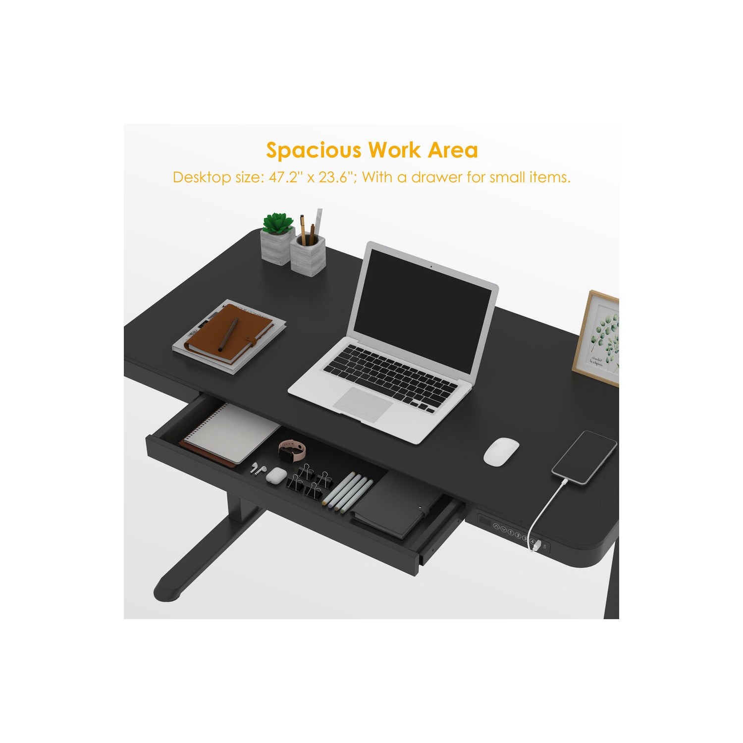 47x24inches Electric Standing Desk, Height Adjustable Sit Stand Computer Desk with Drawer, USB Posts for Home Office