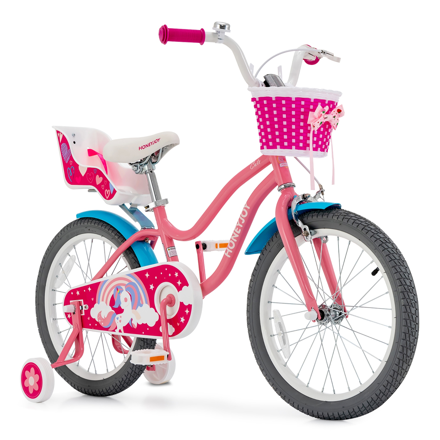 Gymax 18 Inches Kids Bicycle w/ Doll Chair & Basket Kids Bike w/ Training Wheels Pink
