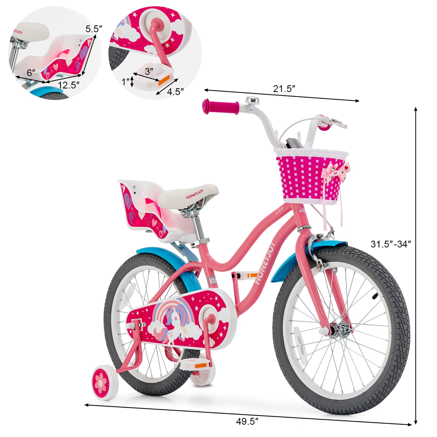 Gymax 18 Inches Kids Bicycle w/ Doll Chair & Basket Kids Bike w/ Training Wheels Pink