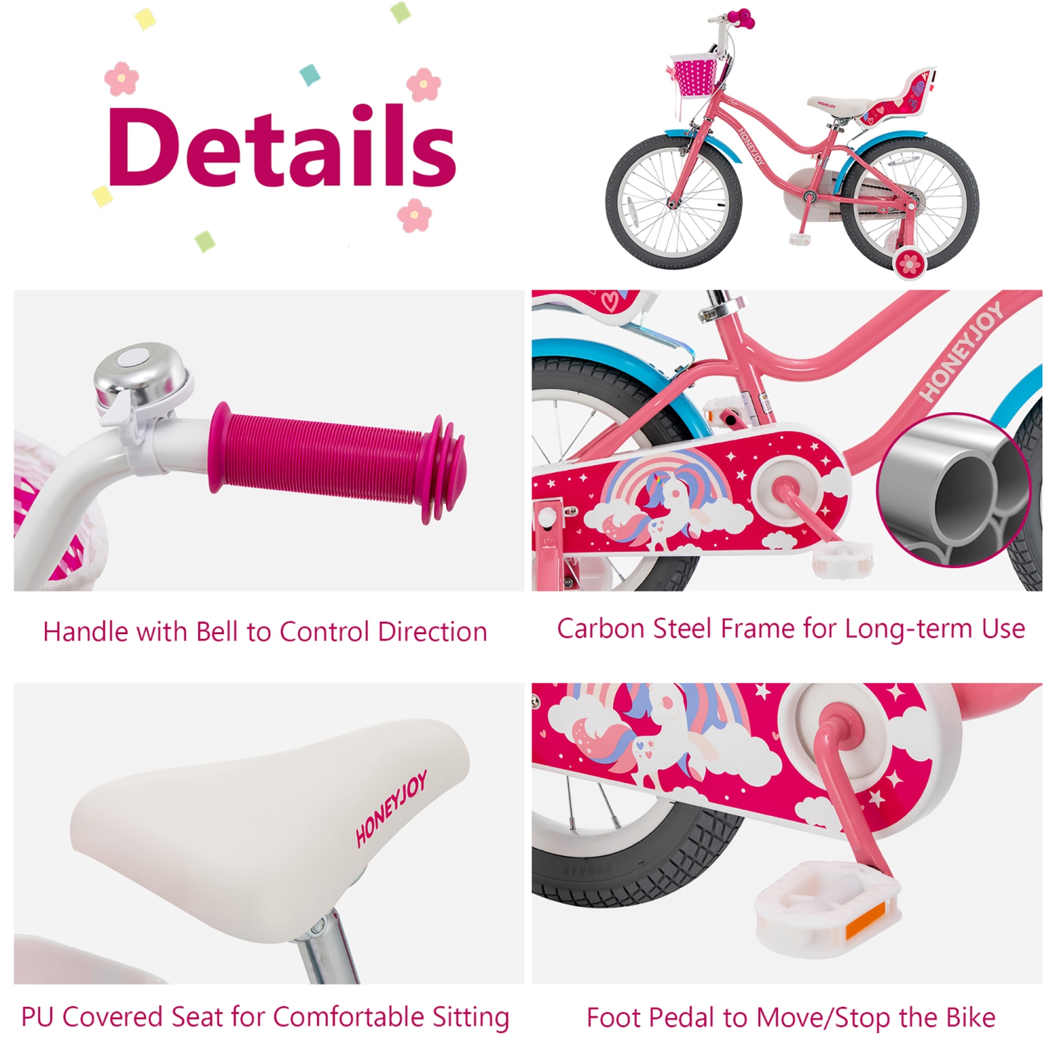 Gymax 18 Inches Kids Bicycle w/ Doll Chair & Basket Kids Bike w/ Training Wheels Pink