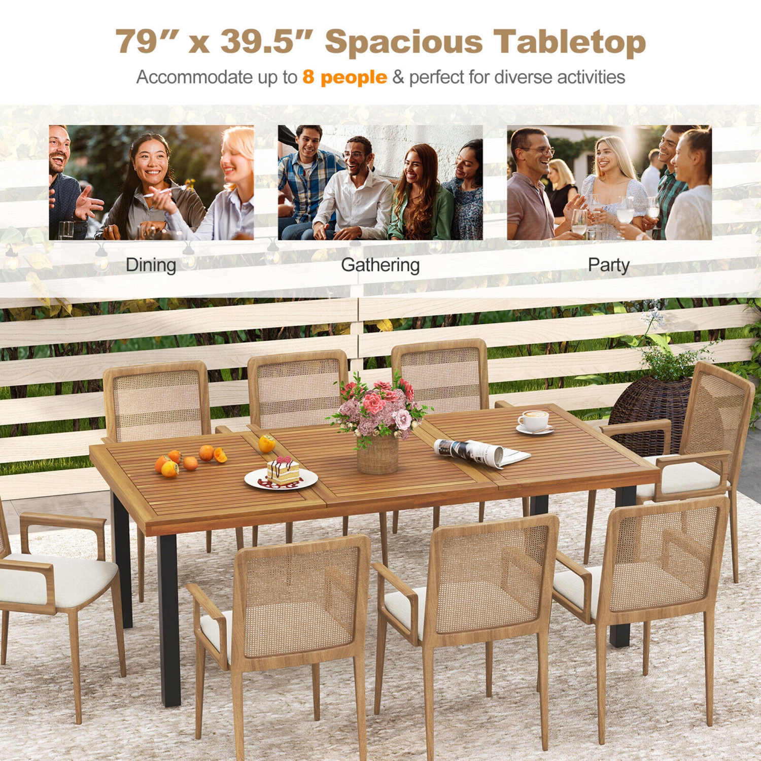 Gymax 8-Person Dining Table 79'' w/ 1.9'' Umbrella Hole Acacia Wood Adjustable Foot Pads