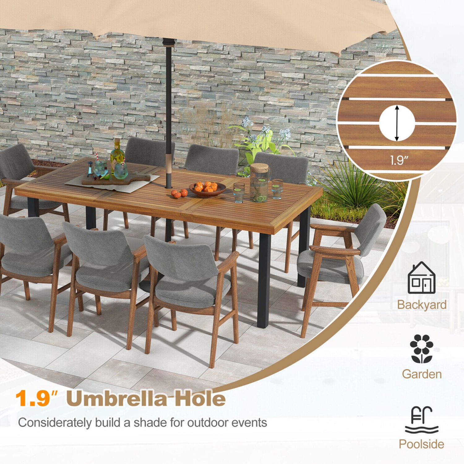 Gymax 8-Person Dining Table 79'' w/ 1.9'' Umbrella Hole Acacia Wood Adjustable Foot Pads